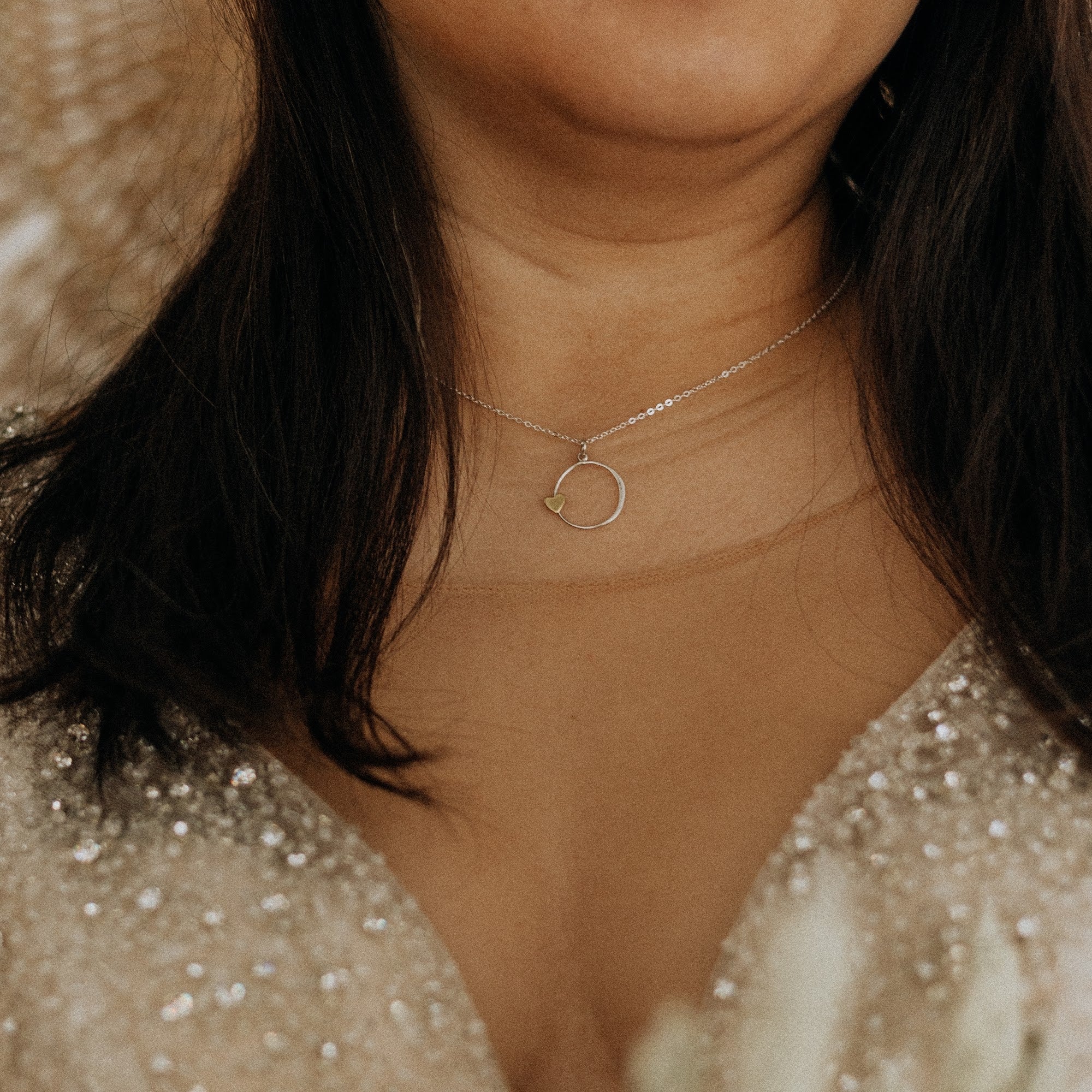 Sister Wedding Necklace. Sterling Silver Circle Charm with Bronze Heart Charm on a Sterling Silver Chain. Engagement or Bridal Shower Gift.