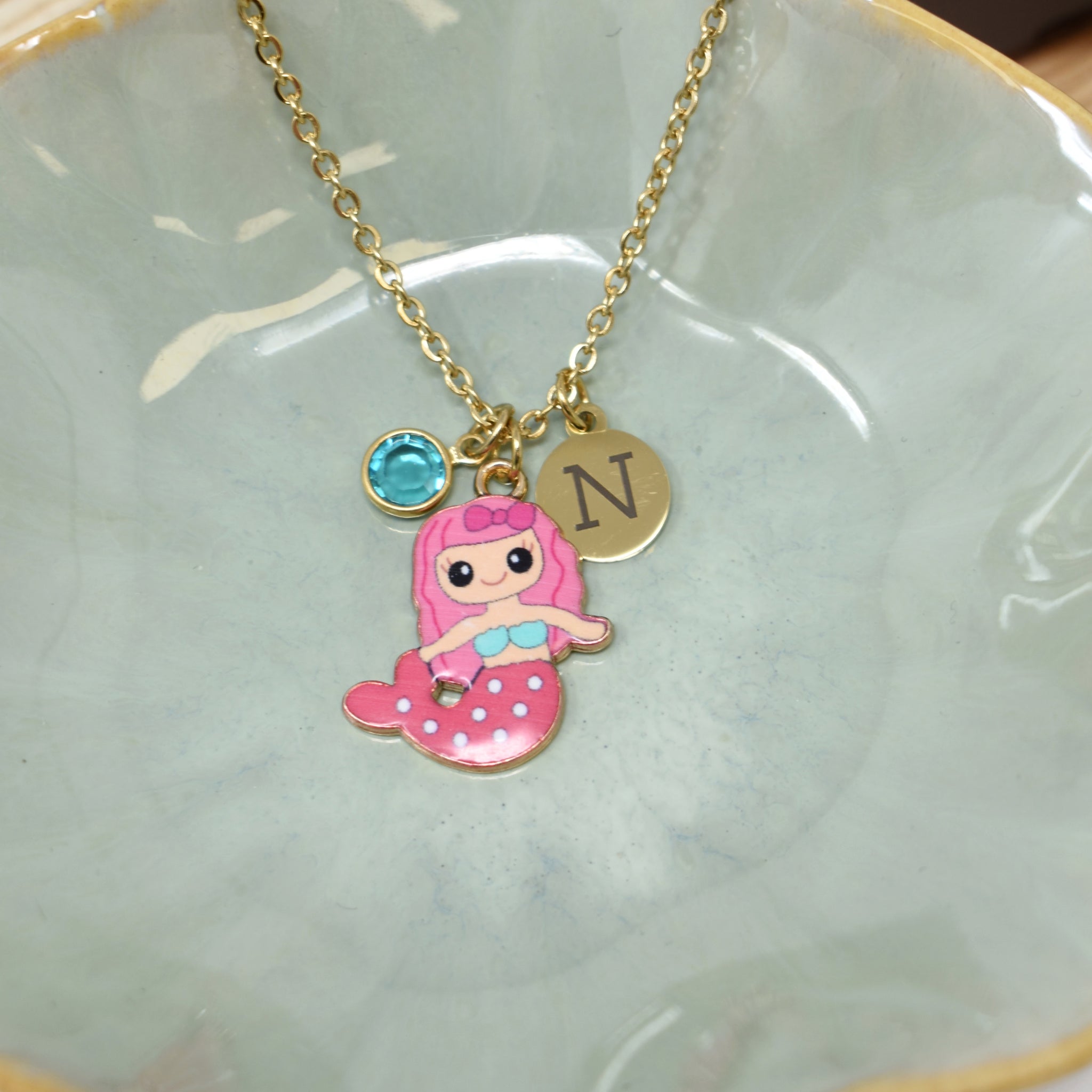 Personalized Mermaid Necklace. Little Girls Jewelry. Mermaid Gifts. Personalized Necklace. Custom Birthstone. Initial.