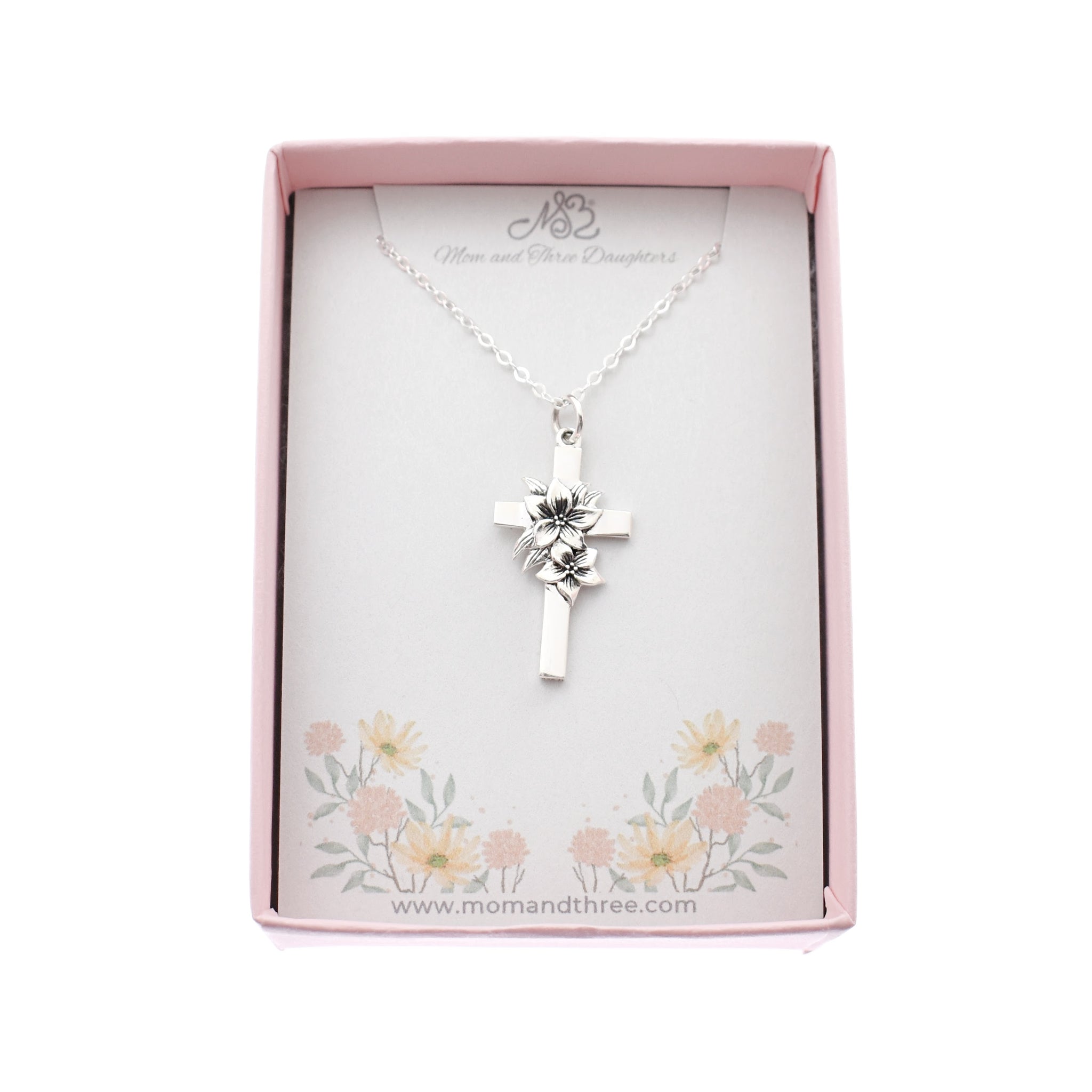 Cross with Floral Accent Necklace in Sterling Silver. First Communion. Baptism. Confirmation. Wedding. Cross Necklace. Christian.