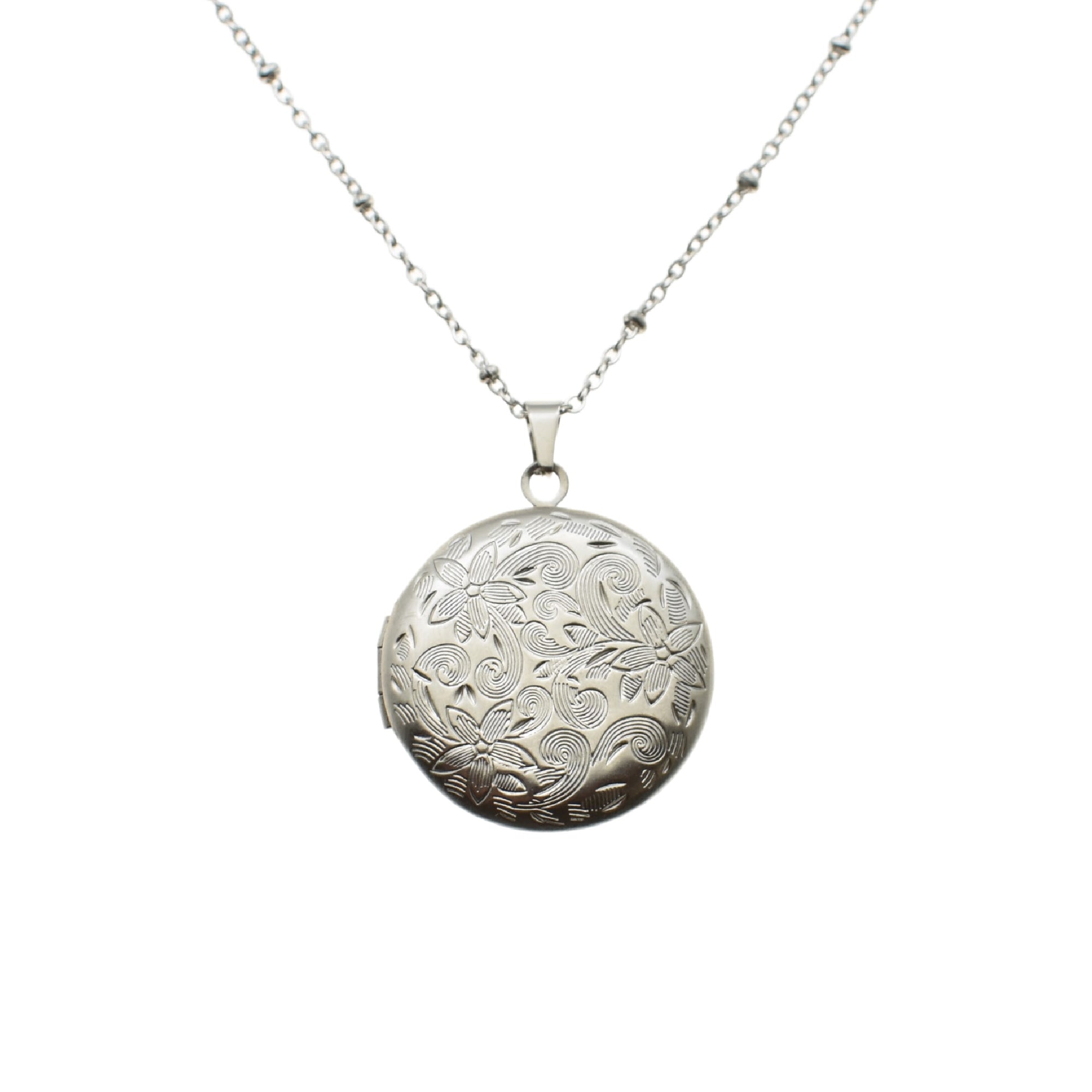 Floral Photo Locket Necklace in Stainless Steel. Personalized Locket. Engraved Personalized Locket.