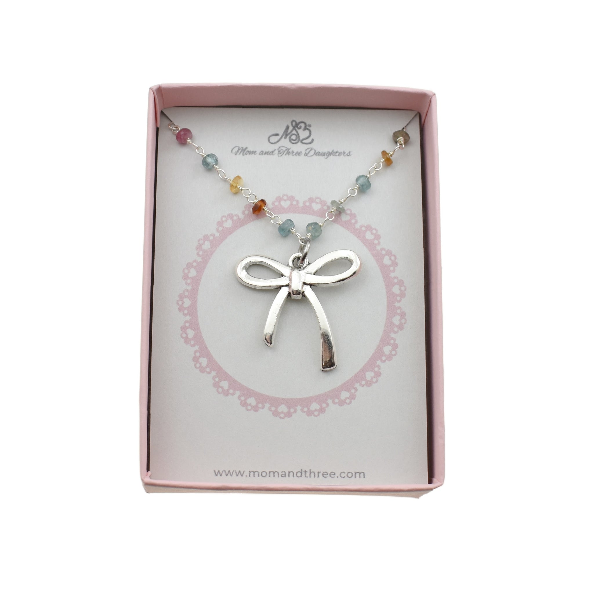 Antique Silver Plated Coquette Bow Necklace On A Multi Tourmaline Beaded Chain.