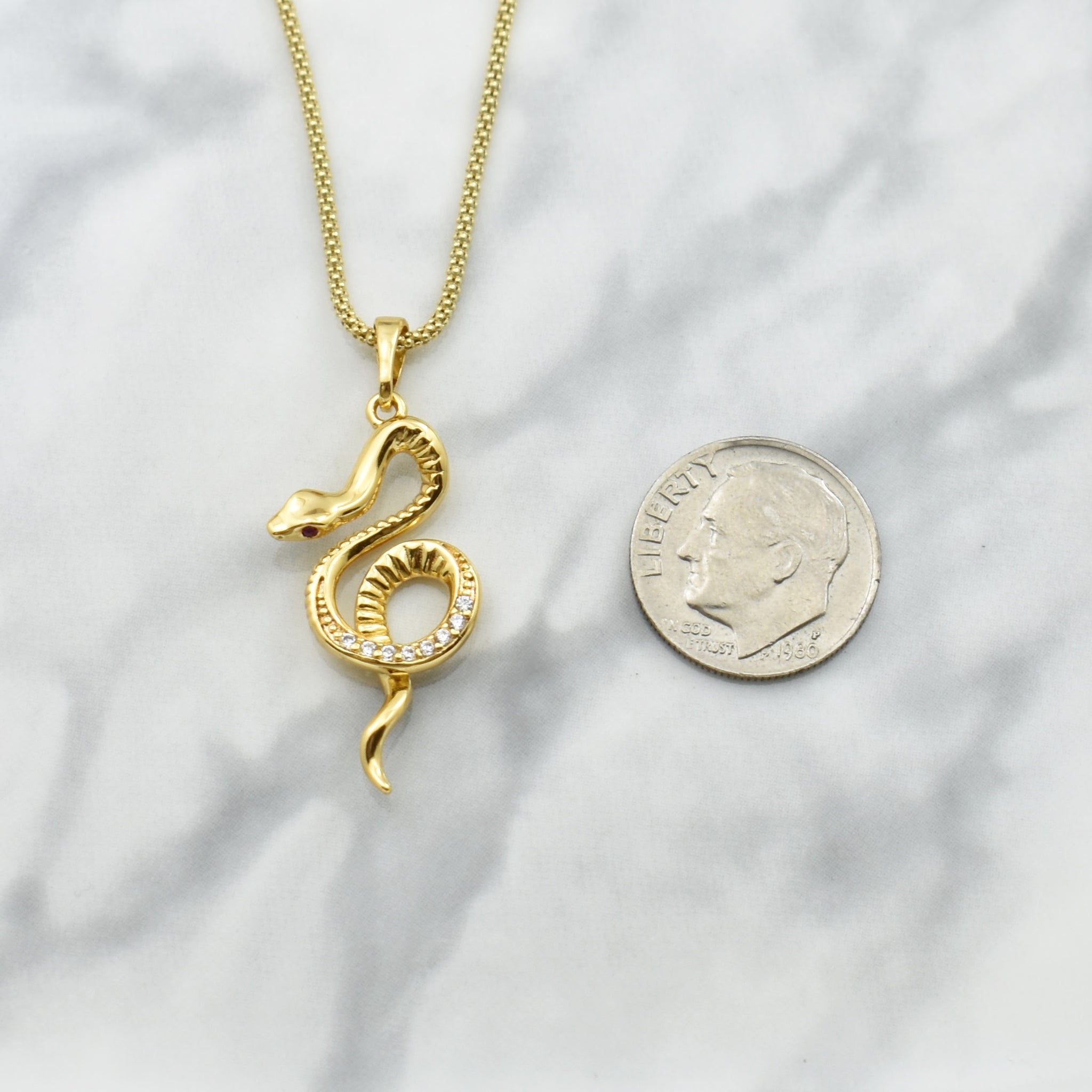 Yellow Gold Plated Snake Necklace on a Yellow Gold Plated Popcorn Chain. Snake Necklace. Year of the Snake. 2025