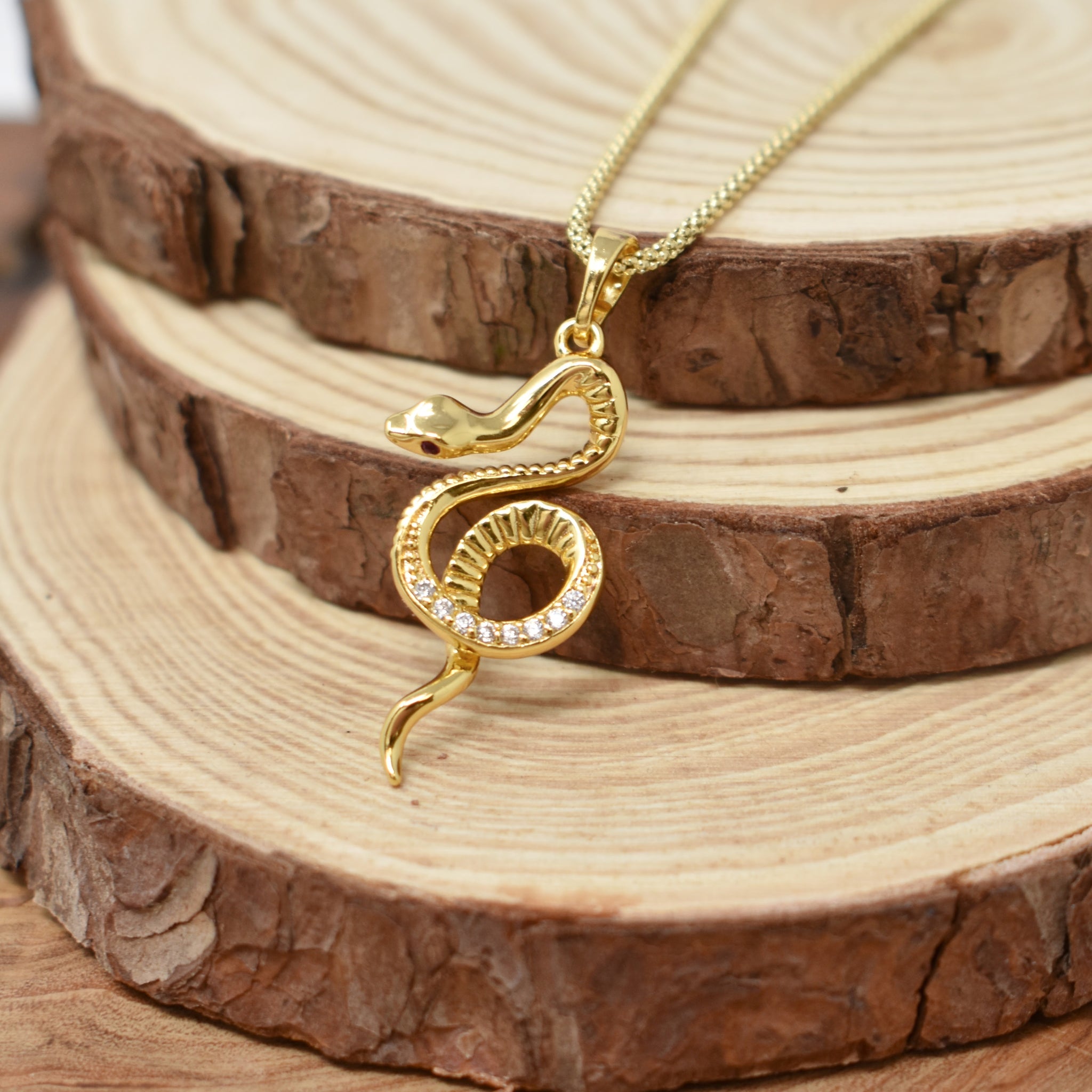 Yellow Gold Plated Snake Necklace on a Yellow Gold Plated Popcorn Chain. Snake Necklace. Year of the Snake. 2025