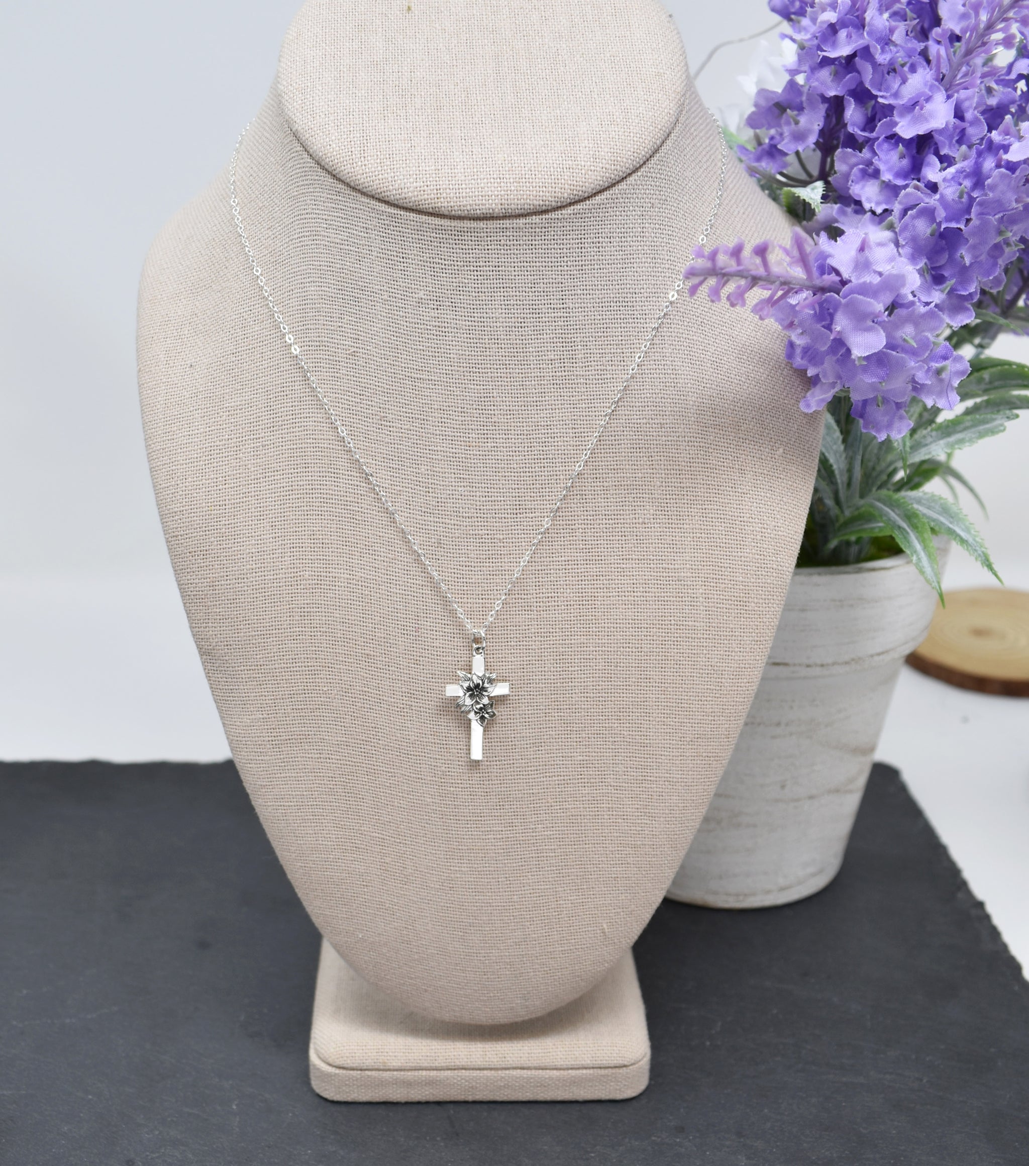 Cross with Floral Accent Necklace in Sterling Silver. First Communion. Baptism. Confirmation. Wedding. Cross Necklace. Christian.