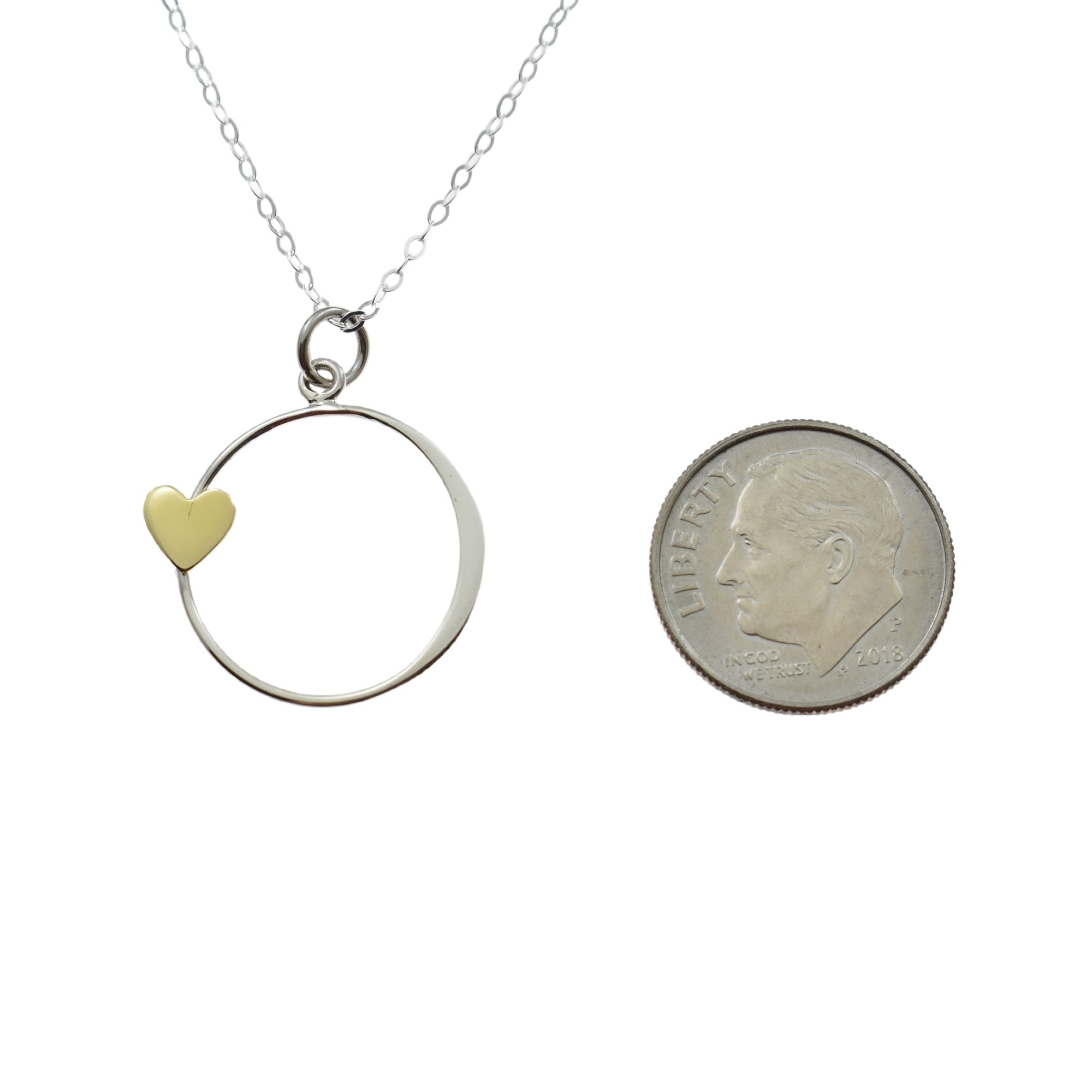 Sister Necklace. Sterling Silver Circle Charm with Bronze Heart Charm on a Sterling Silver Chain. Gift to Sister or Best Friend.