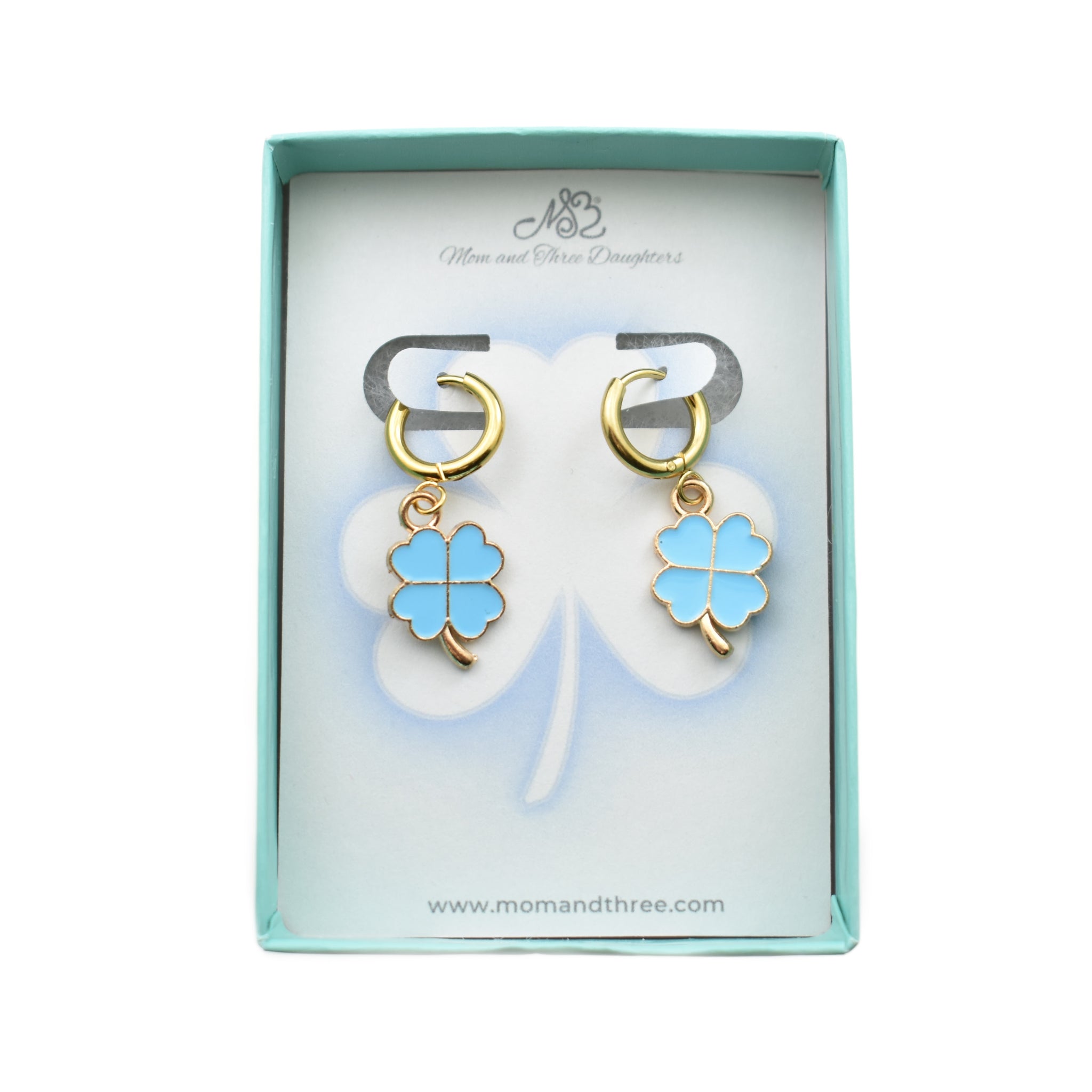 Blue or Pink Enamel Four Leaf Clovers suspended from Hoop Huggies. St. Patrick's Day Gifts. Lucky Gift. Clover Earrings. Shamrock Earrings.