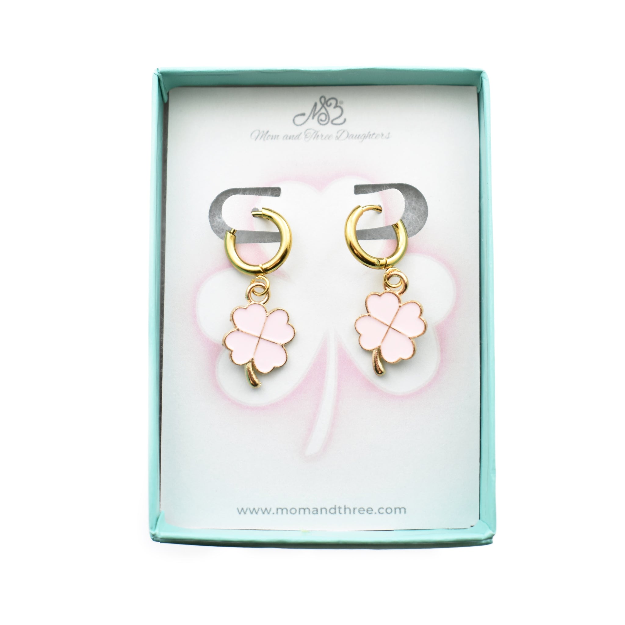 Blue or Pink Enamel Four Leaf Clovers suspended from Hoop Huggies. St. Patrick's Day Gifts. Lucky Gift. Clover Earrings. Shamrock Earrings.