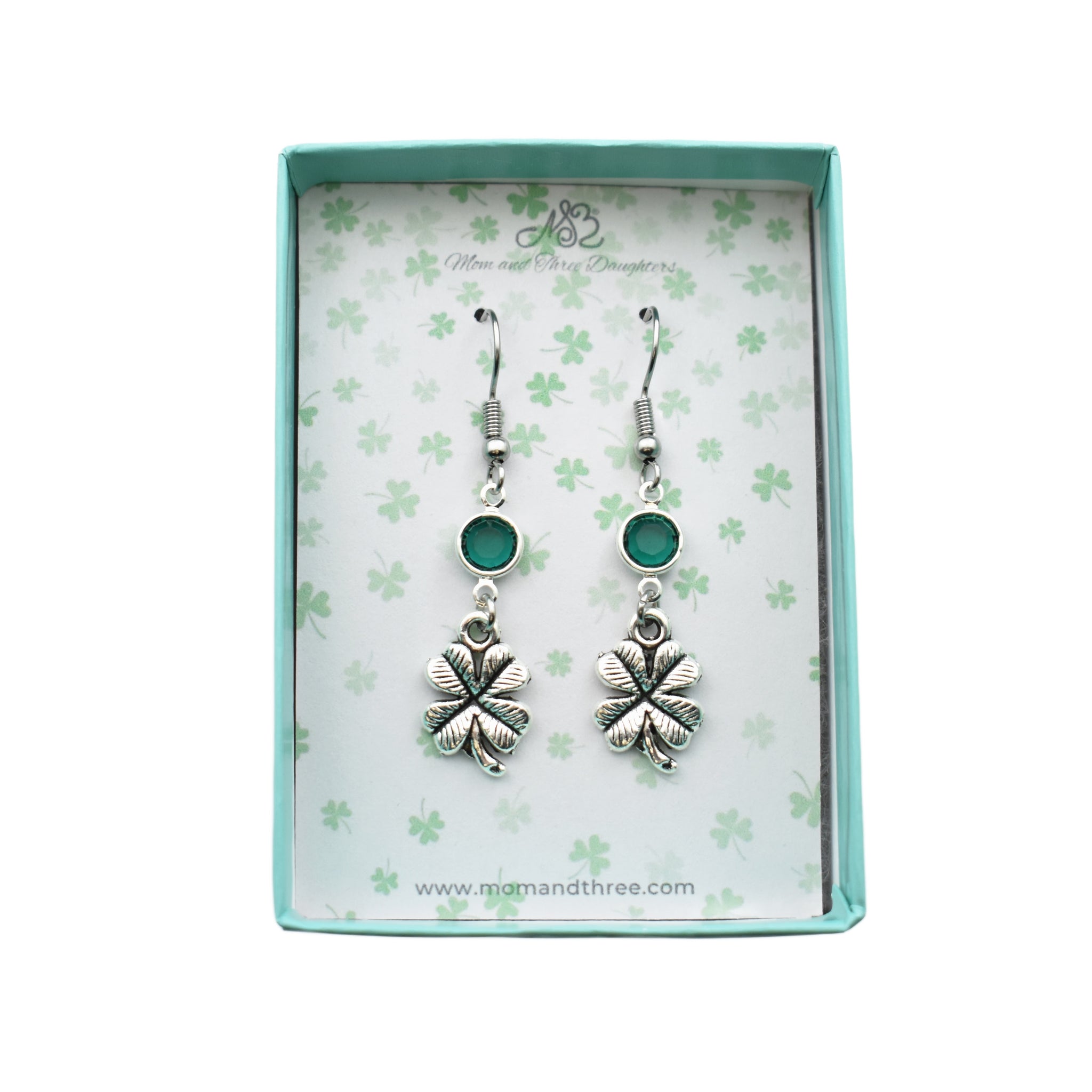 Silver Four Leaf Clover Earrings With Green Accent Charm.  Earrings hypoallergenic dangle.  St. Patrick's Day Earrings.