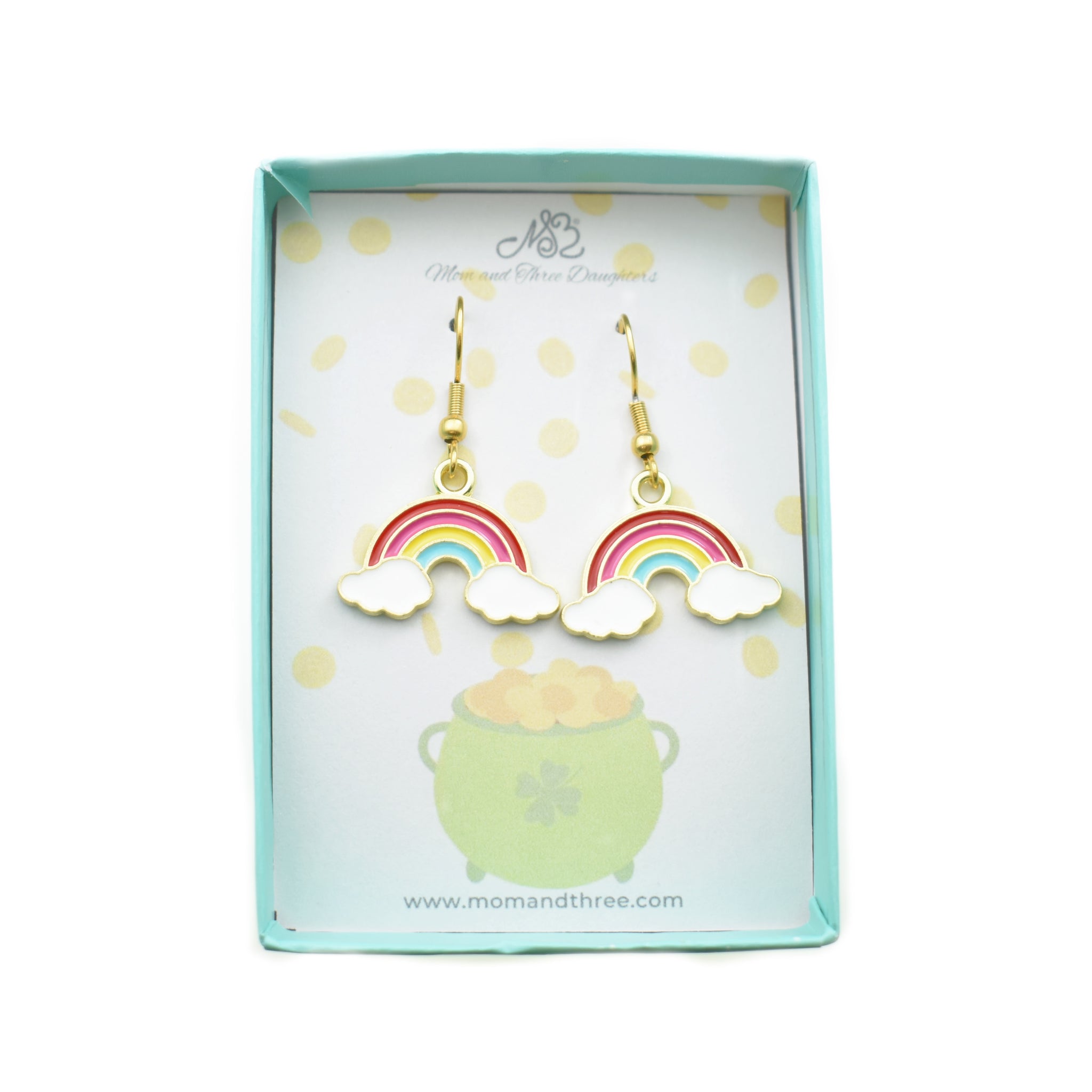 Rainbow Enamel Earrings on Gold Stainless Steel Wires. St. Patrick's Day Earrings.