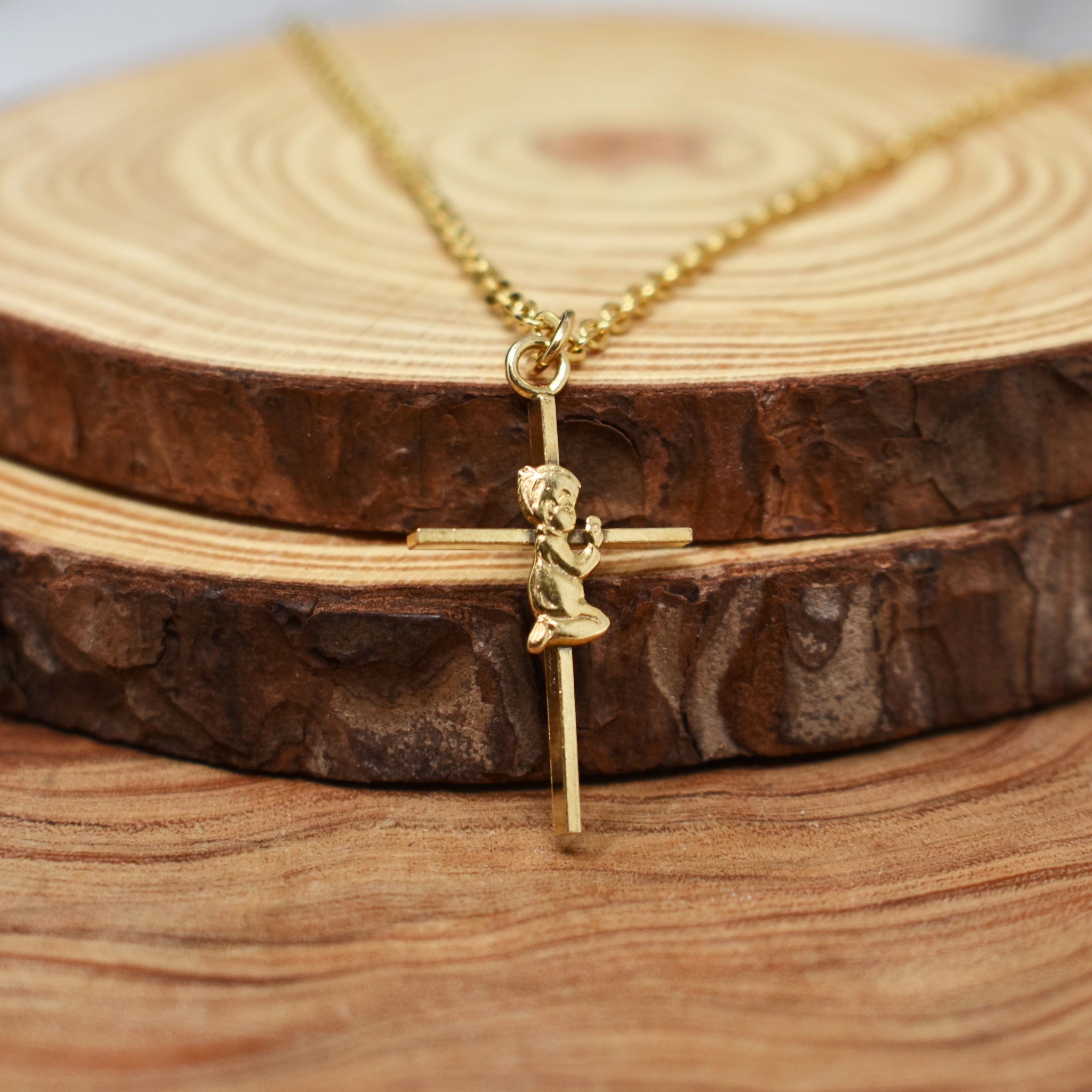 Praying Boy Gold Filled Cross Necklace on a Gold Stainless Steel Cable Chain. Baptism Jewelry. First Communion Gift.