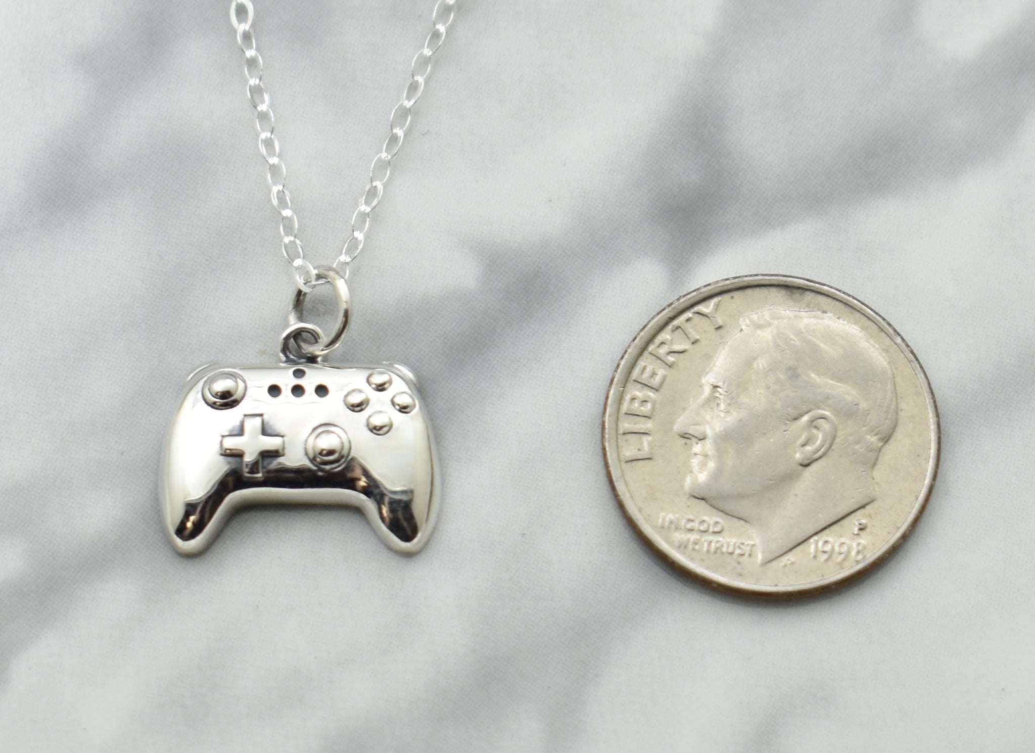 Video Game Controller Necklace in Sterling Silver on a Sterling Silver Cable Chain. Gamer Necklace.