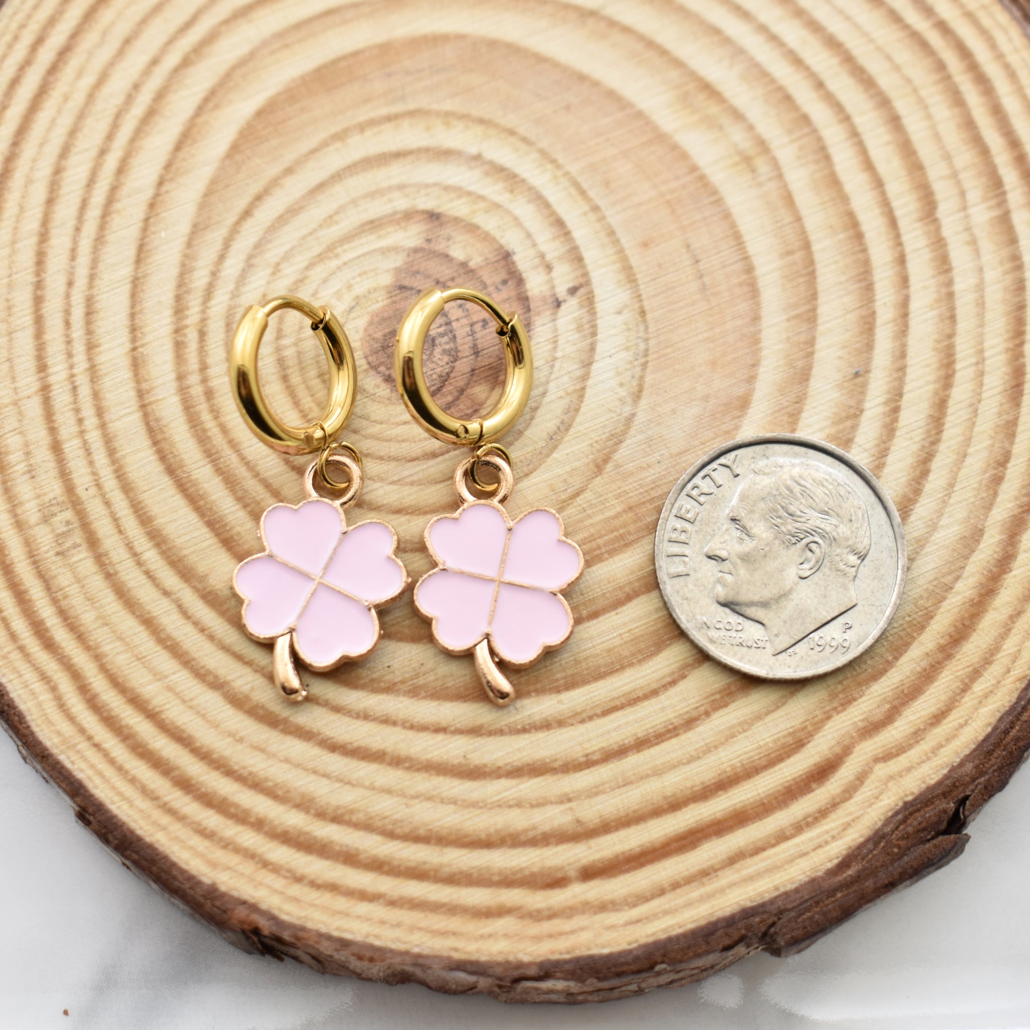 Blue or Pink Enamel Four Leaf Clovers suspended from Hoop Huggies. St. Patrick's Day Gifts. Lucky Gift. Clover Earrings. Shamrock Earrings.