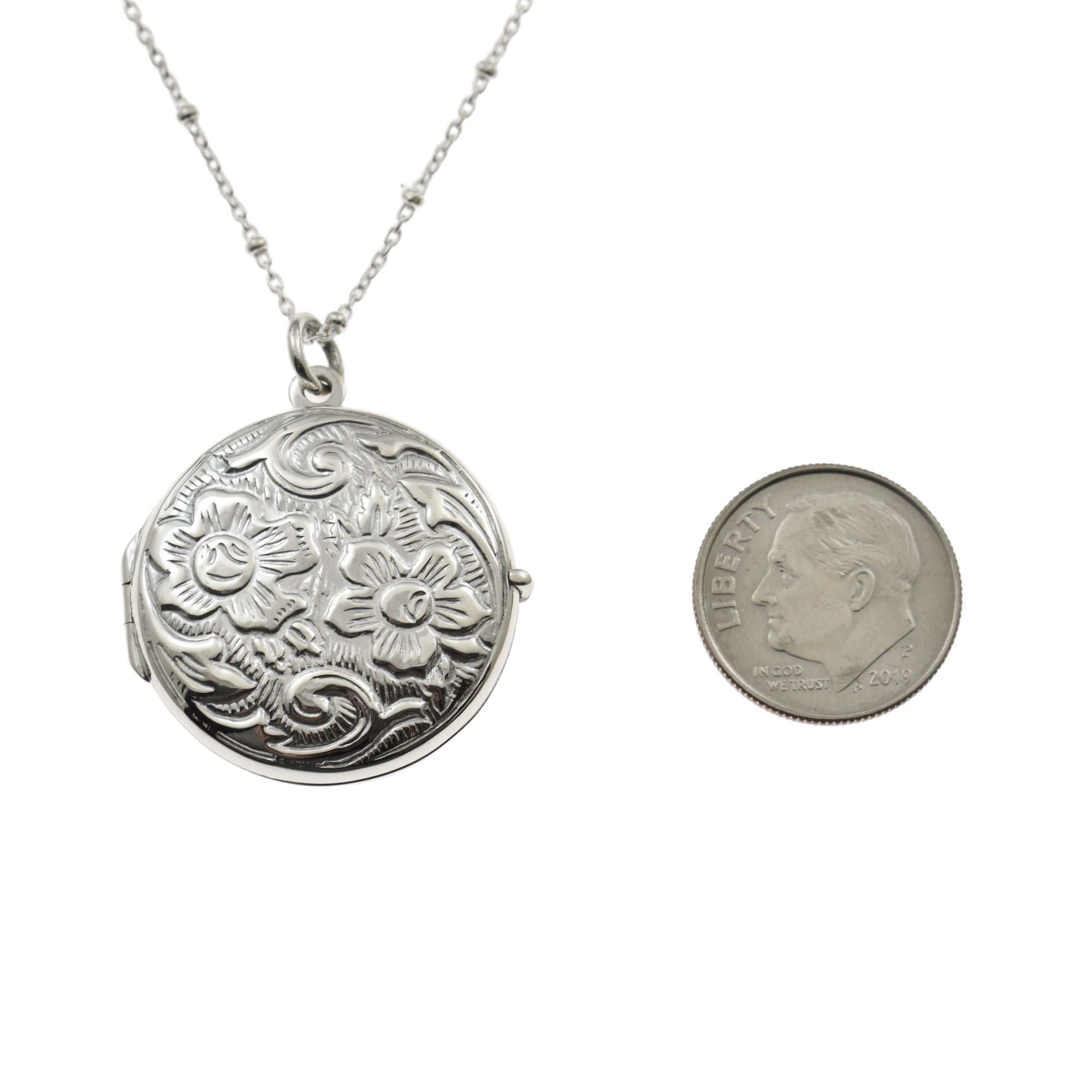 Floral Photo Locket Necklace in Stainless Steel. Personalized Locket. Engraved Personalized Locket.
