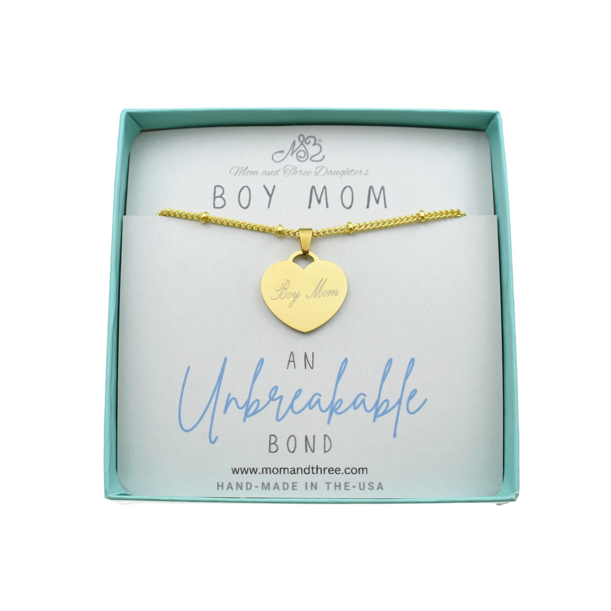 Boy Mom Heart Pendant Necklace in Silver or Gold on an 18 Inch Stainless Satellite Chain. Heart Necklace. Boy Mom Necklace. Gift for Boy Mom.