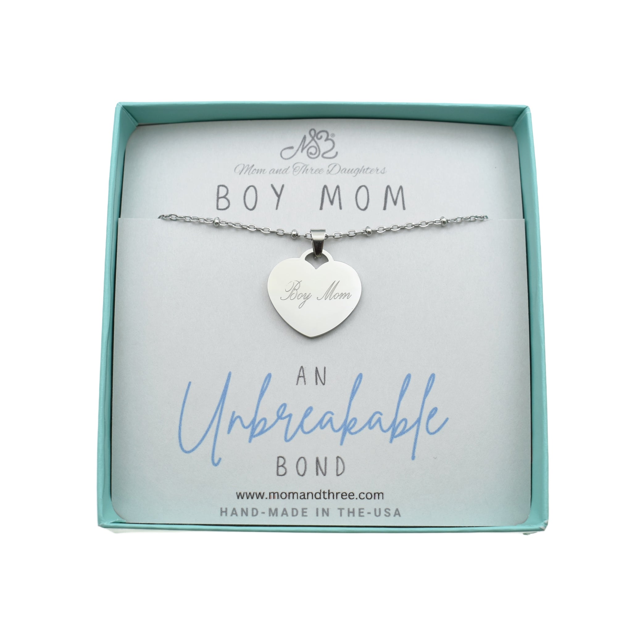Boy Mom Heart Pendant Necklace in Silver or Gold on an 18 Inch Stainless Satellite Chain. Heart Necklace. Boy Mom Necklace. Gift for Boy Mom.