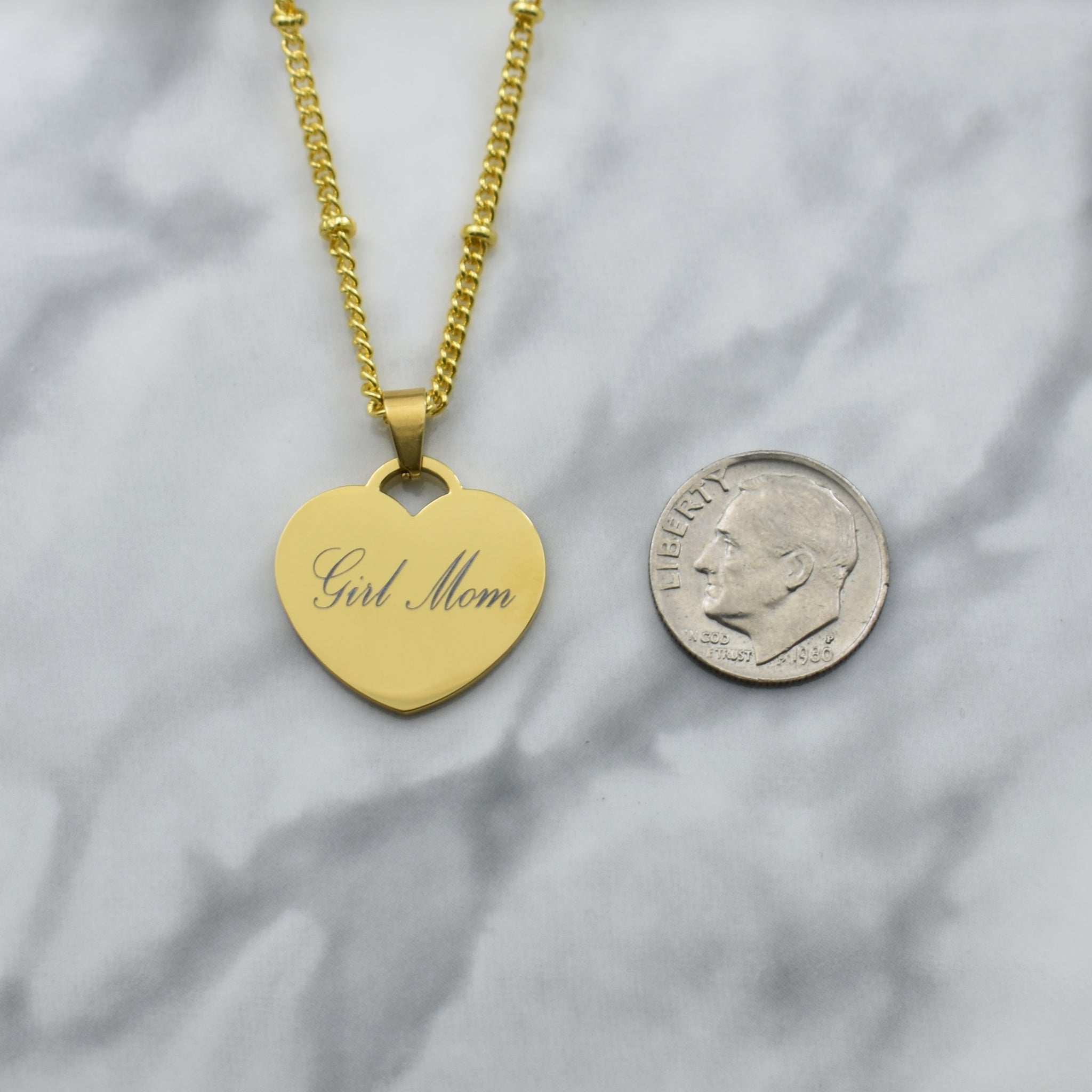 Girl Mom Heart Pendant Necklace in Silver or Gold on an 18 Inch Stainless Satellite Chain. Heart Necklace. Girl Mom Necklace. Gift for Girl Mom.