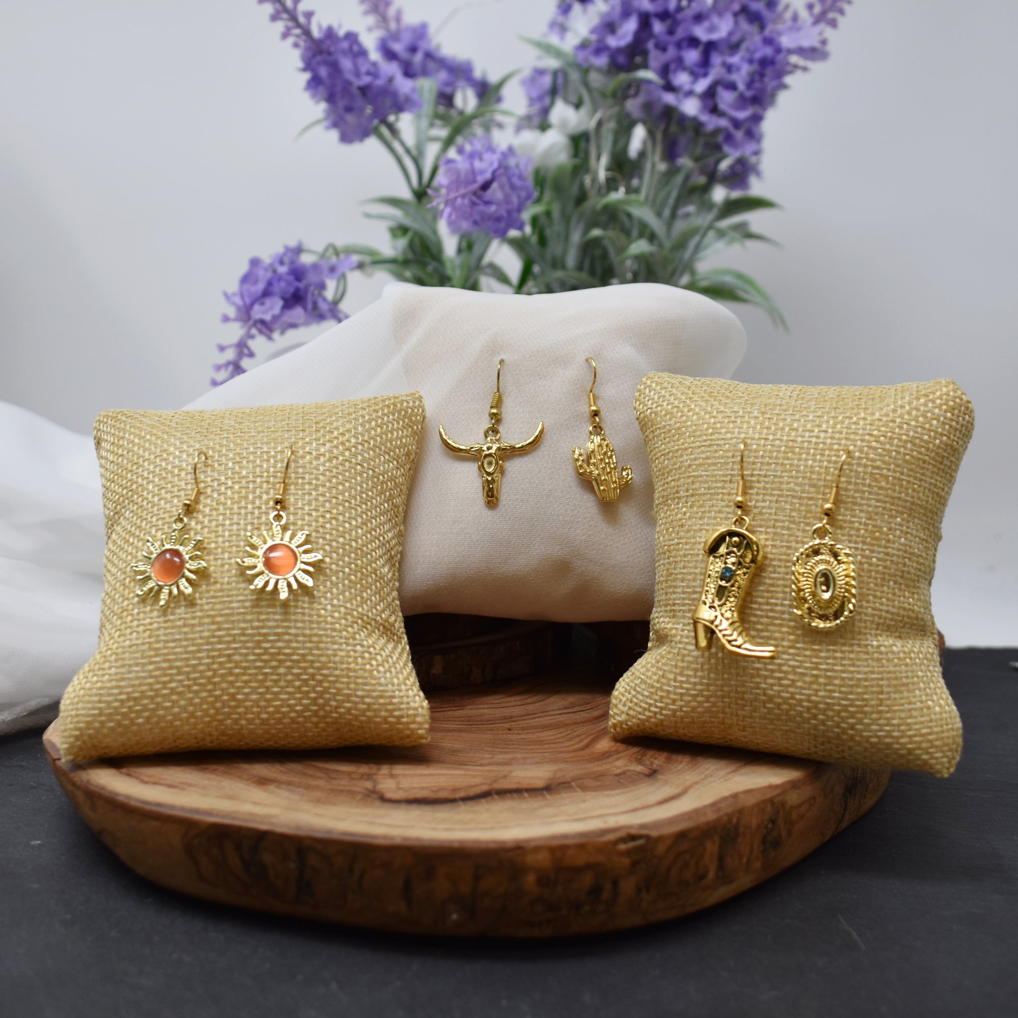 Gold Western Earring Sets in Gold Plated Zinc Alloy Metals. Cowboy Boot Earrings. Cactus and Bull Head Earrings. Enamel Sun Earrings.