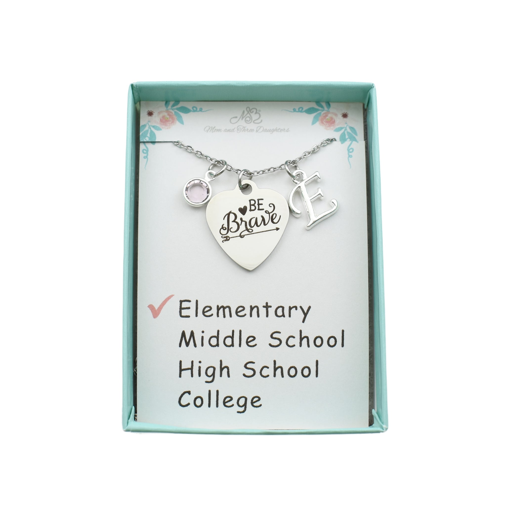 Personalized Elementary School Graduation "Be Brave" Necklace in Stainless Steel.