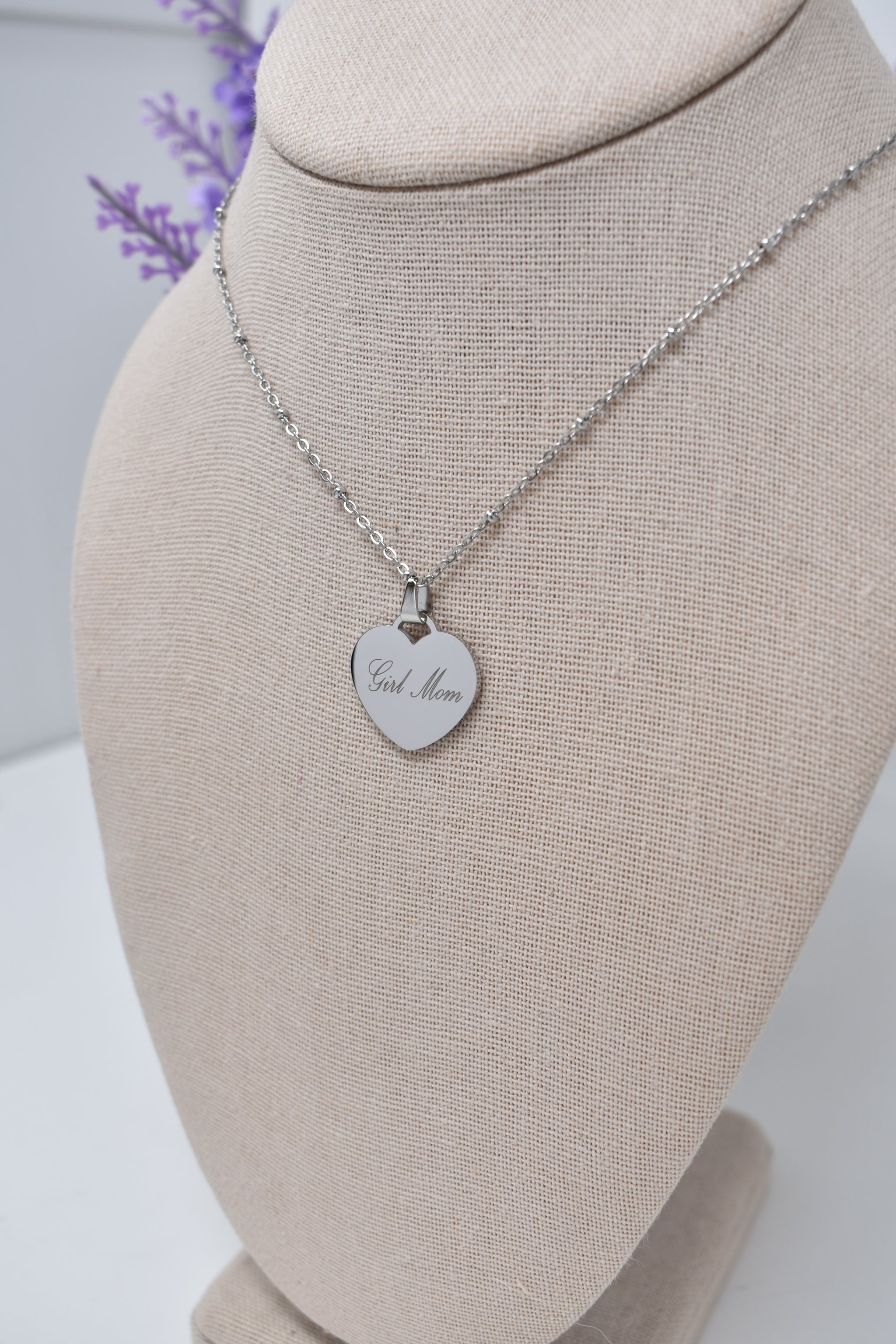 Girl Mom Heart Pendant Necklace in Silver or Gold on an 18 Inch Stainless Satellite Chain. Heart Necklace. Girl Mom Necklace. Gift for Girl Mom.