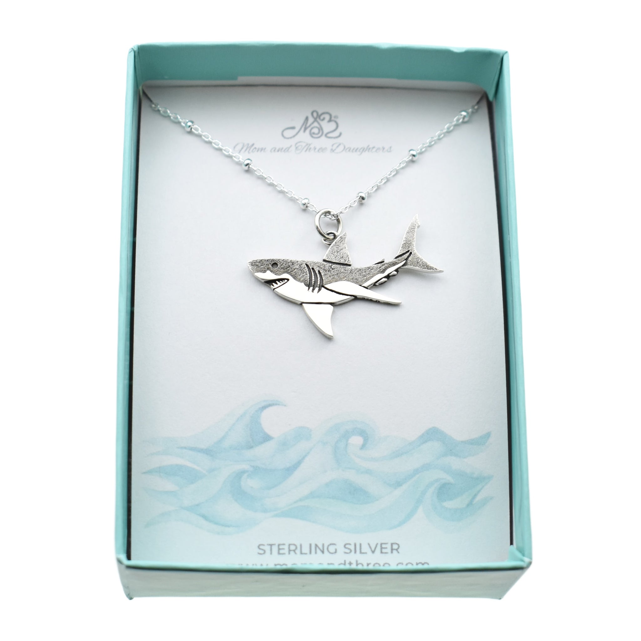 Great White Shark Necklace in Sterling Silver on a Satellite Chain. Gift for Shark Lover.  Gift for Marine Biologist. Ocean Life.