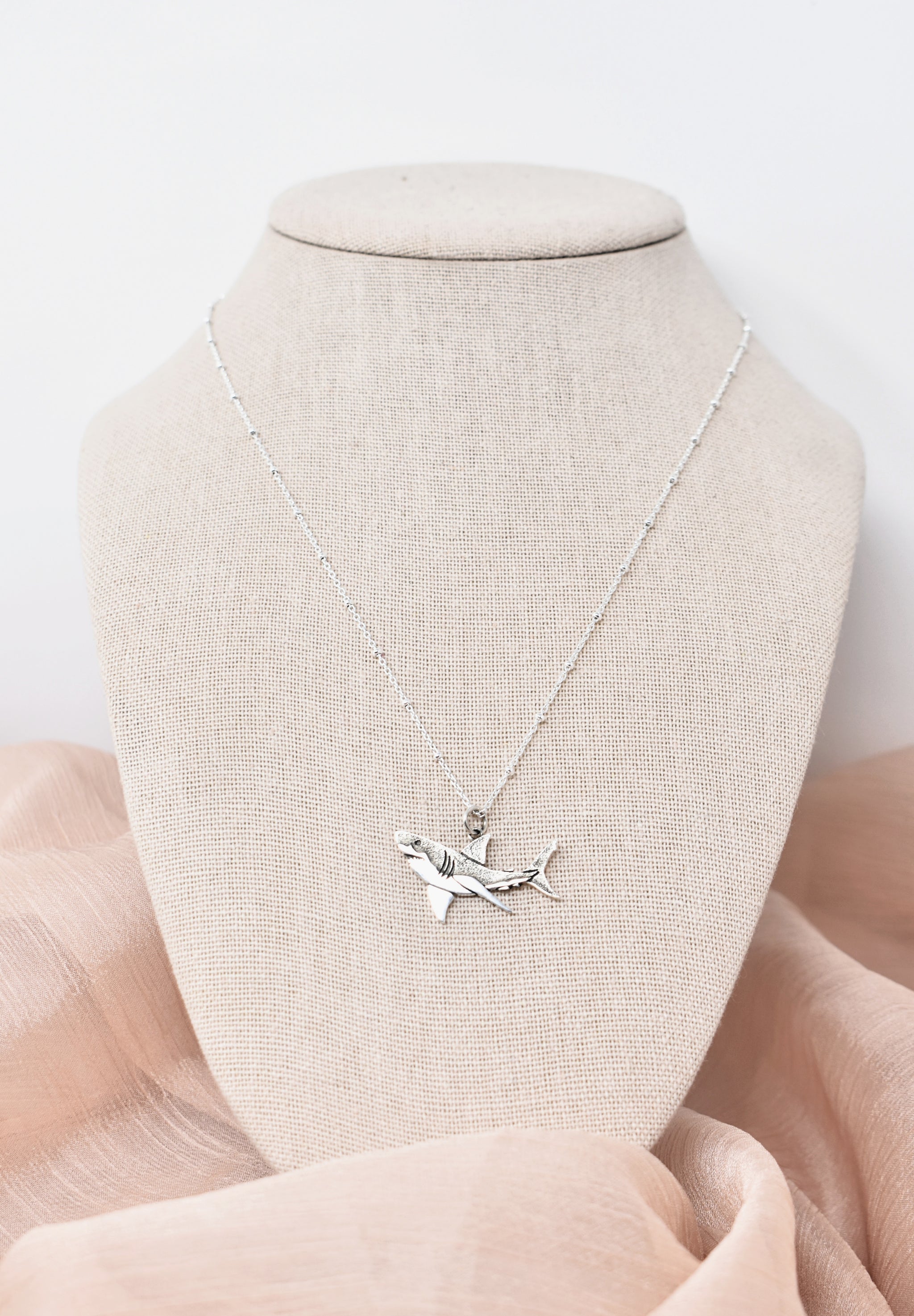 Great White Shark Necklace in Sterling Silver on a Satellite Chain. Gift for Shark Lover.  Gift for Marine Biologist. Ocean Life.