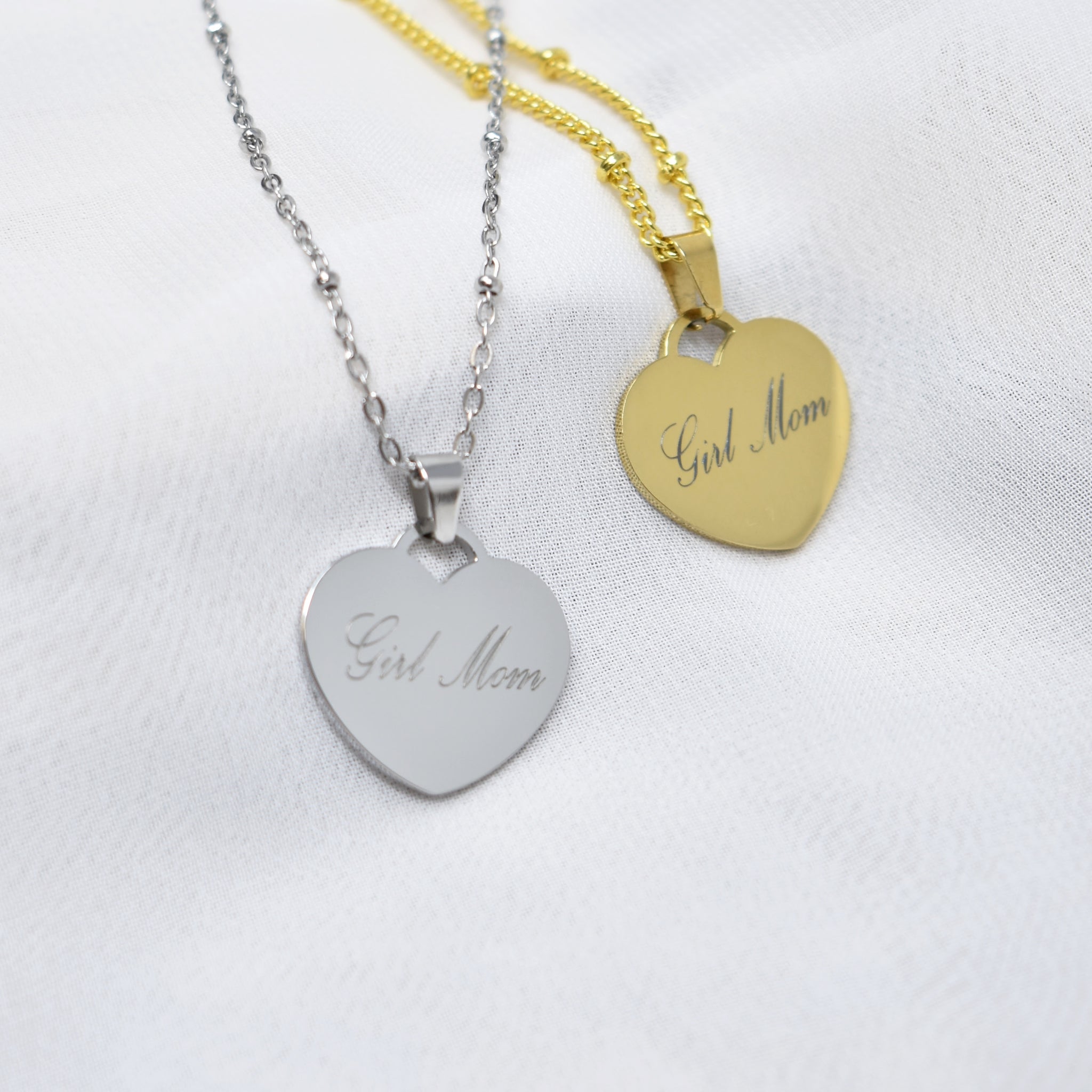 Girl Mom Heart Pendant Necklace in Silver or Gold on an 18 Inch Stainless Satellite Chain. Heart Necklace. Girl Mom Necklace. Gift for Girl Mom.