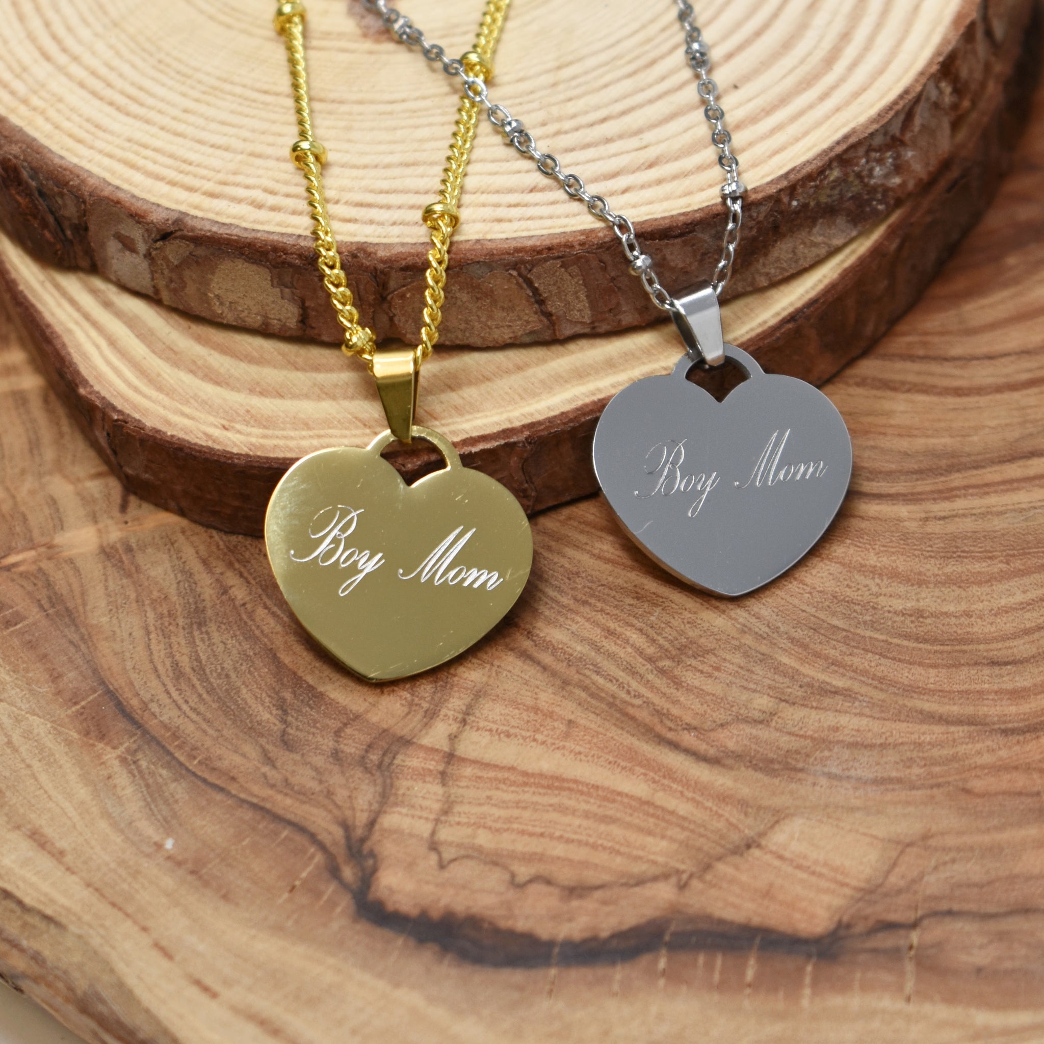 Boy Mom Heart Pendant Necklace in Silver or Gold on an 18 Inch Stainless Satellite Chain. Heart Necklace. Boy Mom Necklace. Gift for Boy Mom.