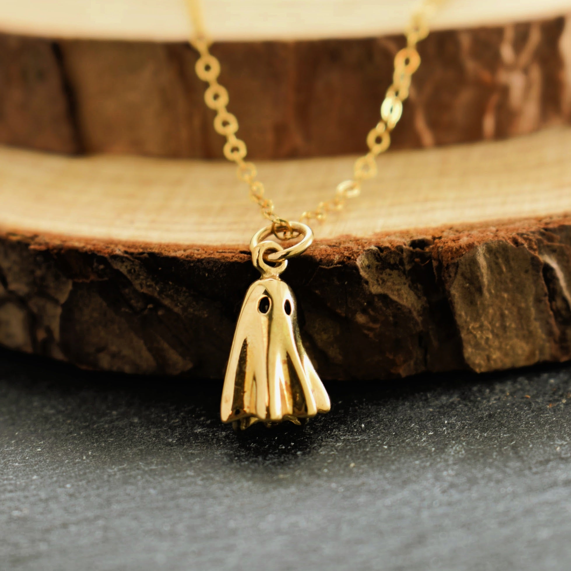 Bronze Ghost Necklace on a Gold Filled Cable Chain. Halloween Jewelry. Halloween Necklace.