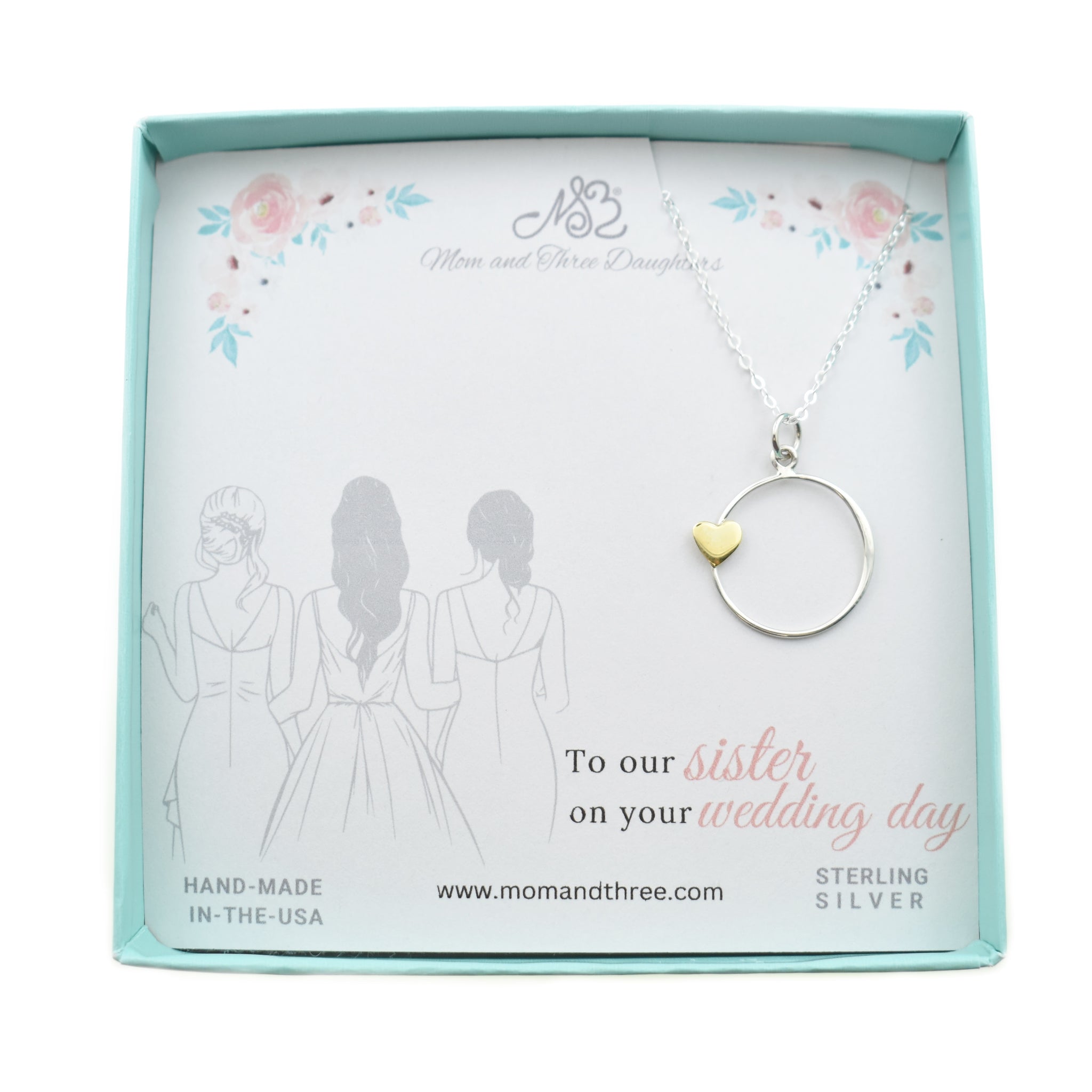 Sister Wedding Necklace. Sterling Silver Circle Charm with Bronze Heart Charm on a Sterling Silver Chain. Engagement or Bridal Shower Gift.