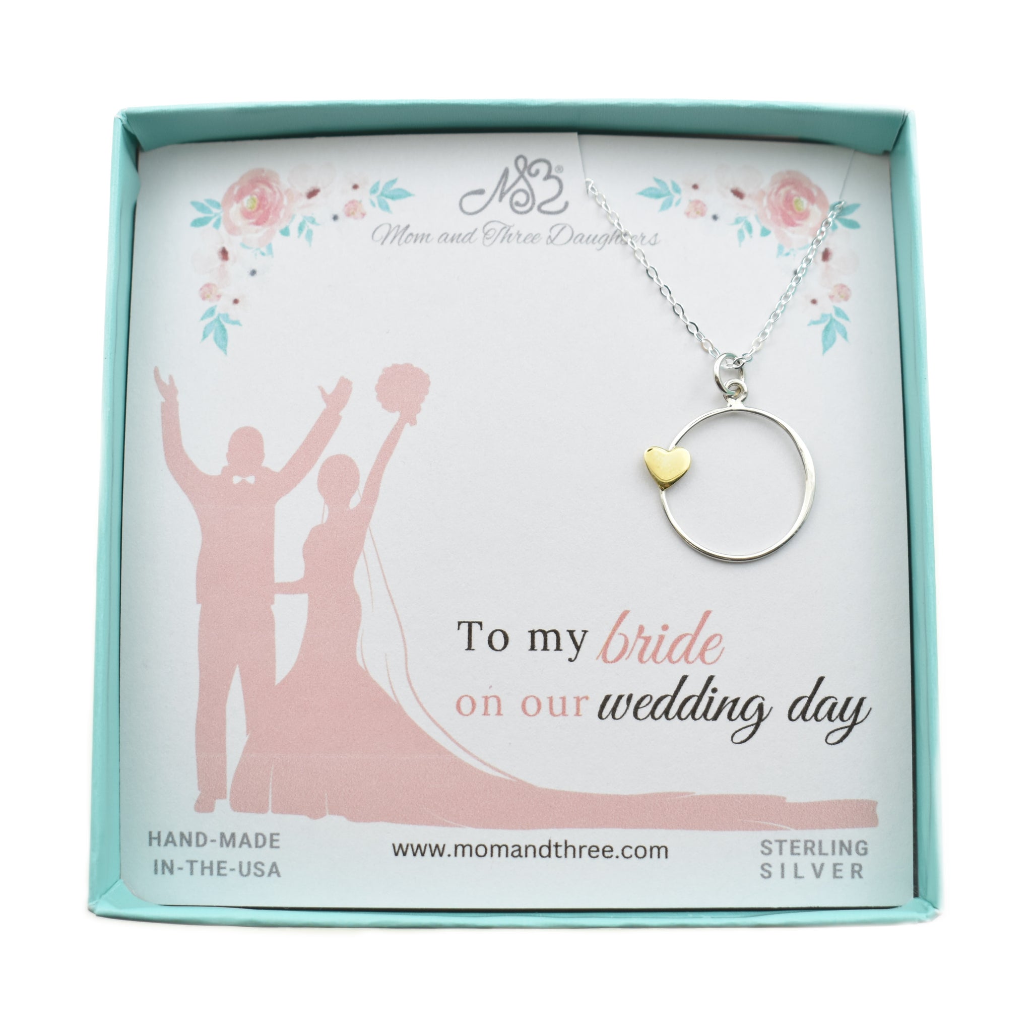 To Bride from Groom Necklace. Wedding Gift for Bride. Sterling Silver Circle Charm with Bronze Heart Charm on a Sterling Silver Chain.