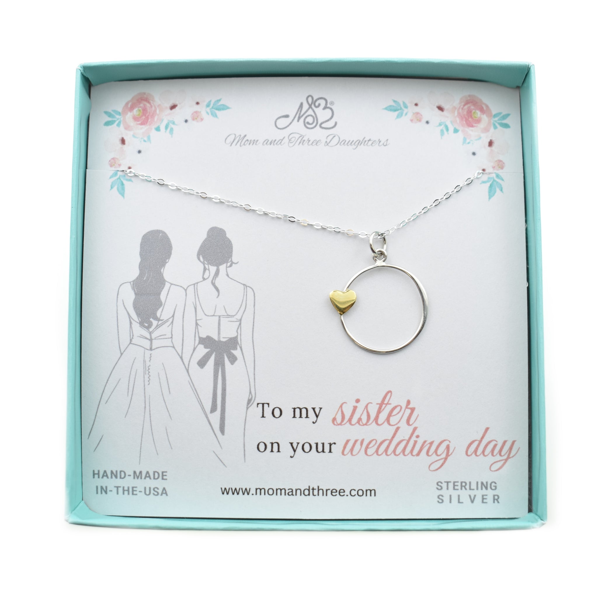Sister Wedding Necklace. Sterling Silver Circle Charm with Bronze Heart Charm on a Sterling Silver Chain. Engagement or Bridal Shower Gift.
