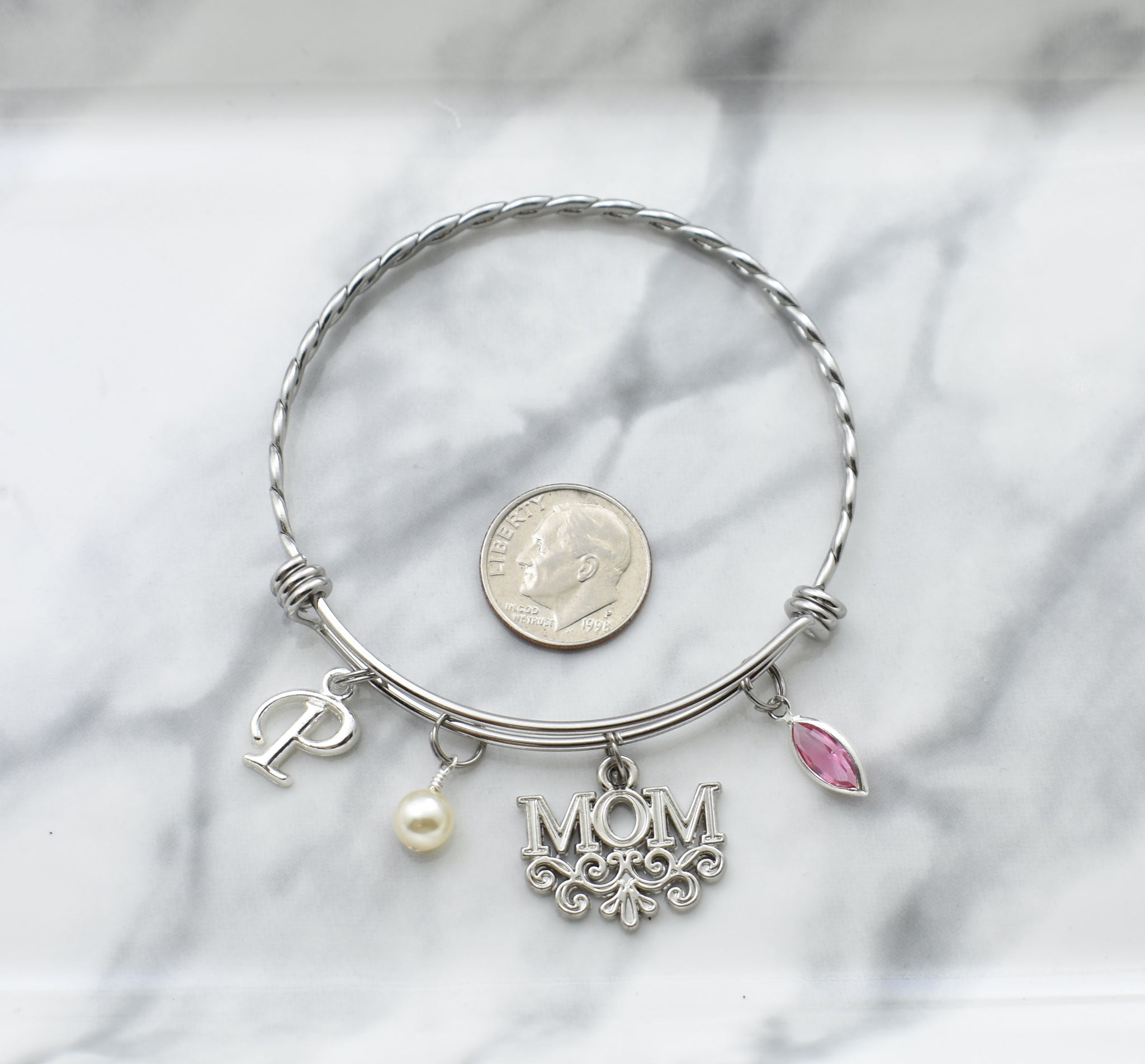 Personalized Mom Bangle Bracelet with Initial Charm and Crystal Birthstone. Stainless Steel Bangle Bracelet. Mother's Day Gift. Gift for Mom