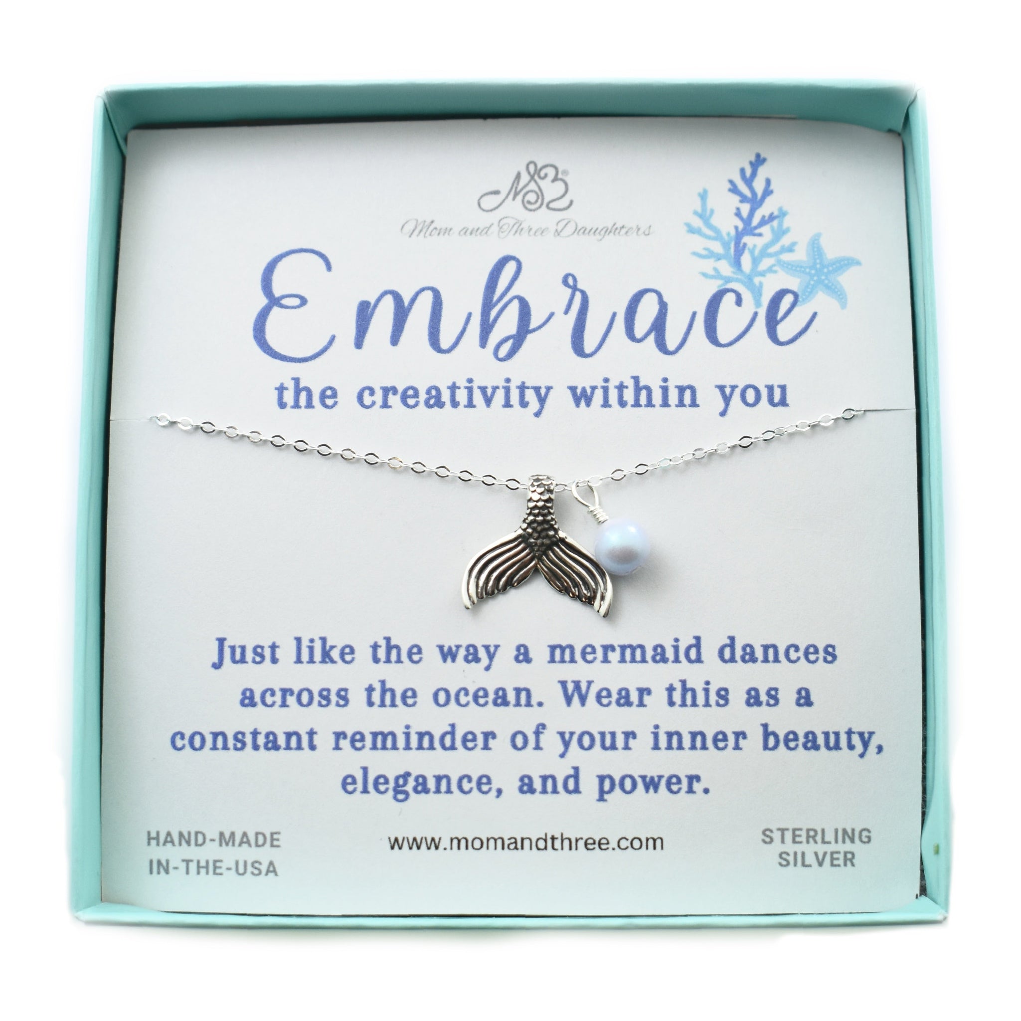 Mermaid Tail Charm with Iridescent Dreamy Blue Pearl Suspended on a Cable Chain. Mermaid Lover Necklace.