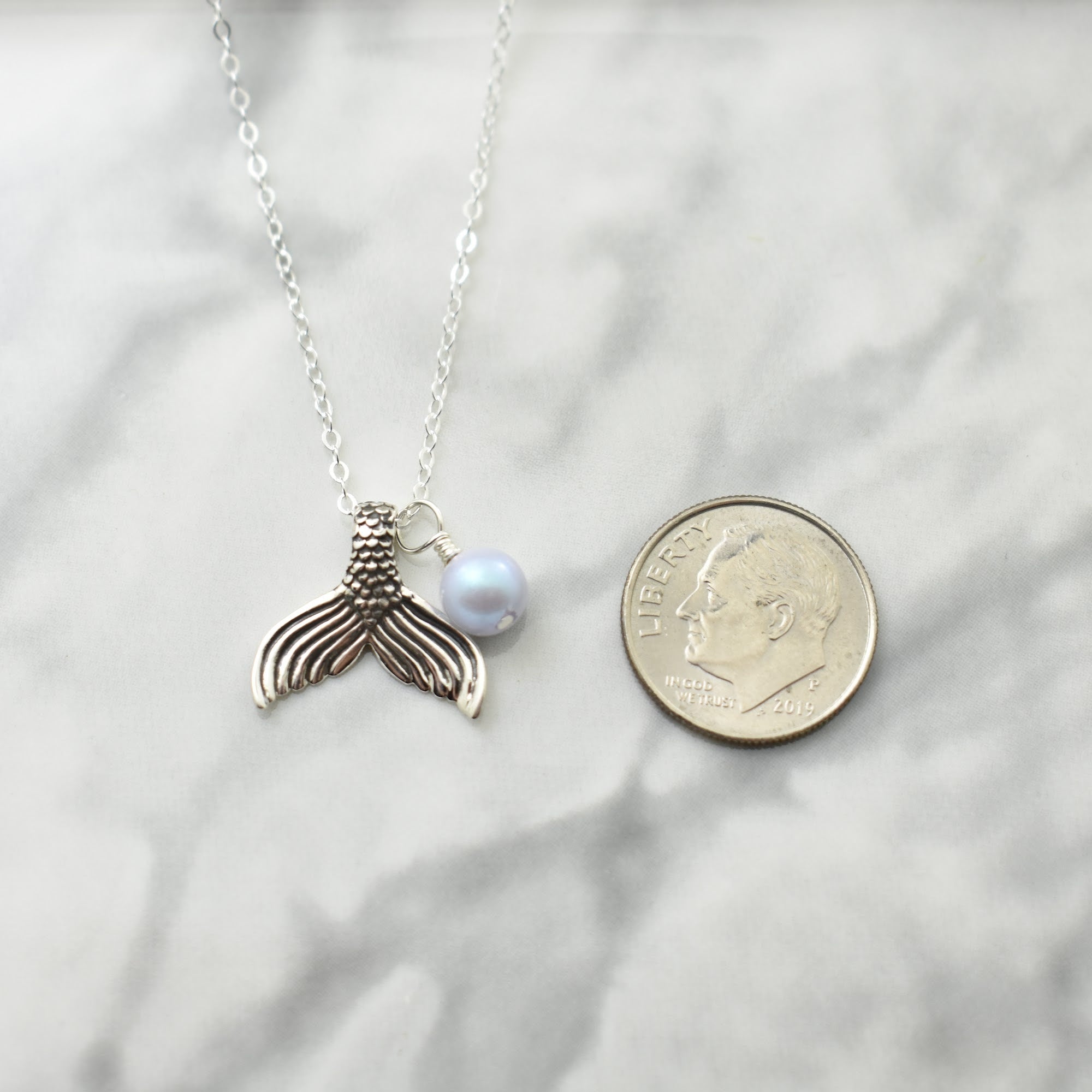 Mermaid Tail Charm with Iridescent Dreamy Blue Pearl Suspended on a Cable Chain. Mermaid Lover Necklace.