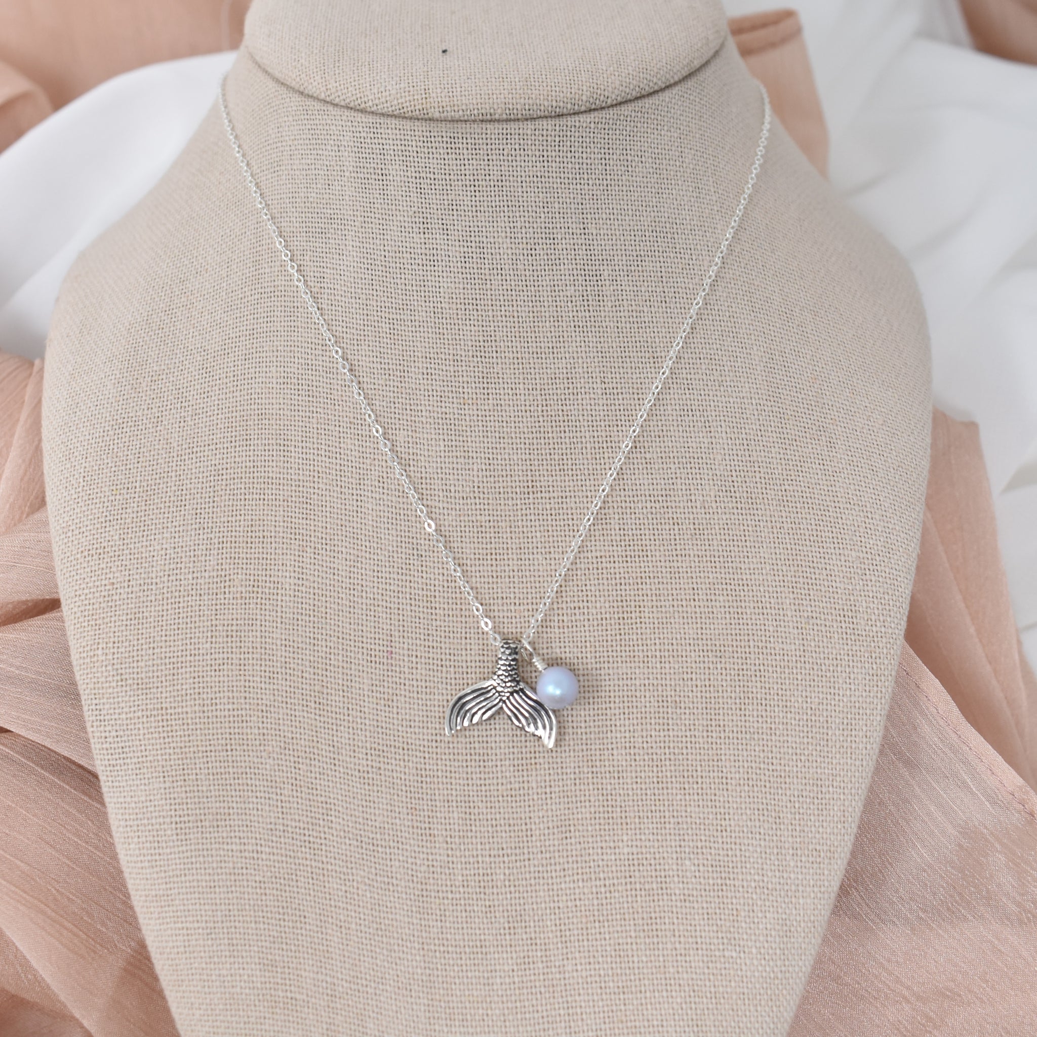 Mermaid Tail Charm with Iridescent Dreamy Blue Pearl Suspended on a Cable Chain. Mermaid Lover Necklace.