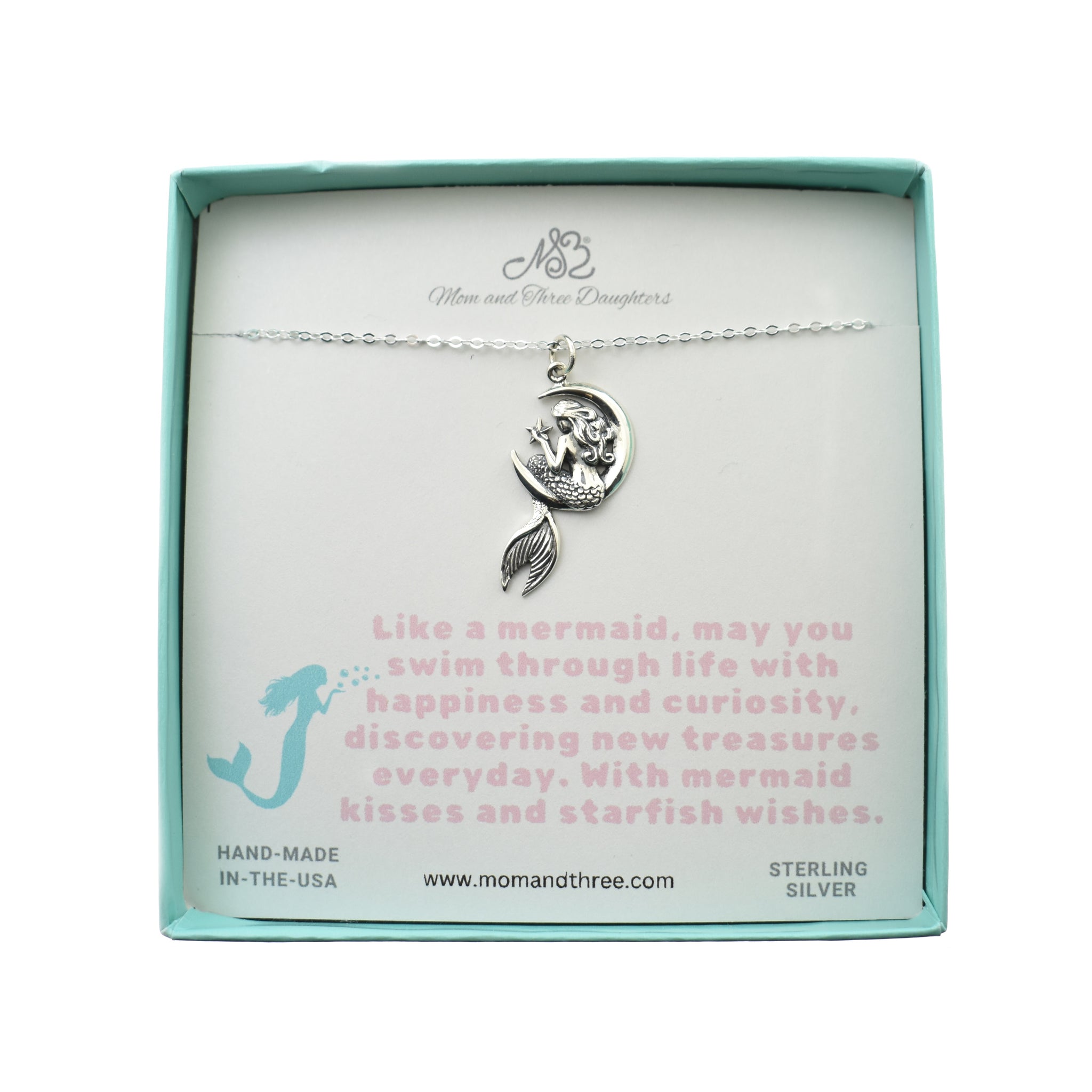 Mermaid on the Moon Pendant Suspended on a Cable Chain. Playful Mermaid Necklace.