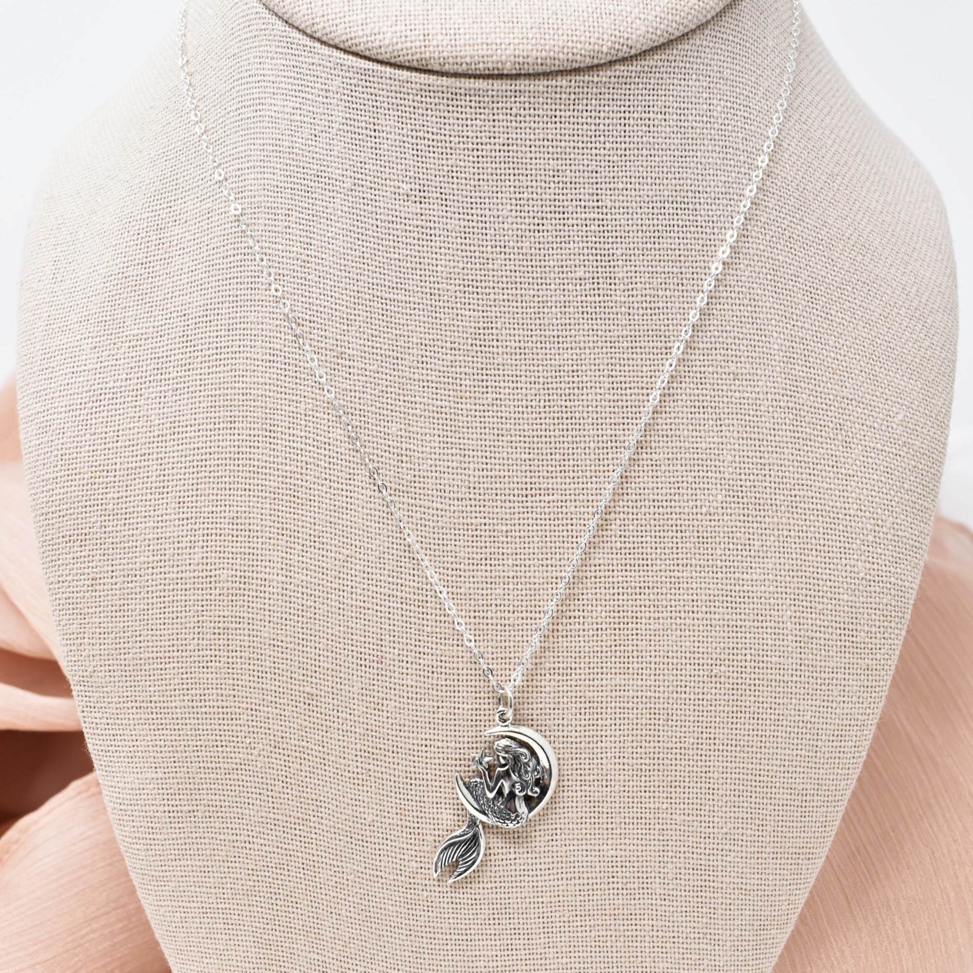 Mermaid on the Moon Pendant Suspended on a Cable Chain. Playful Mermaid Necklace.