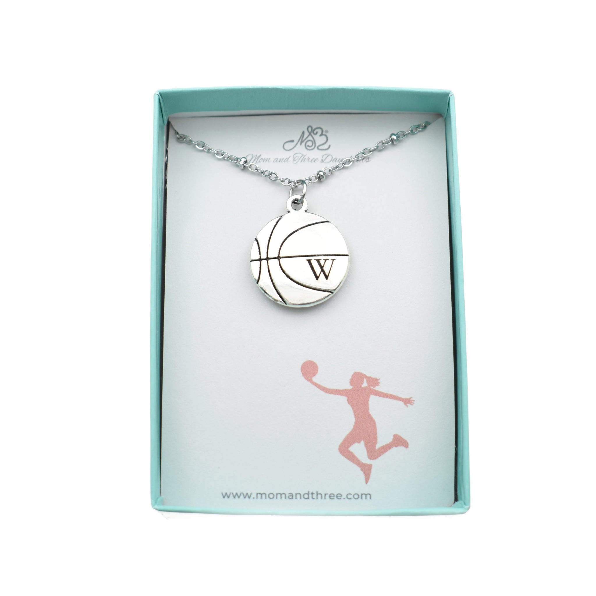 Laser Engraved Basketball charm pendant in silver tone metal on a stainless steel satellite chain. Girl's necklace. Basketball player gift.