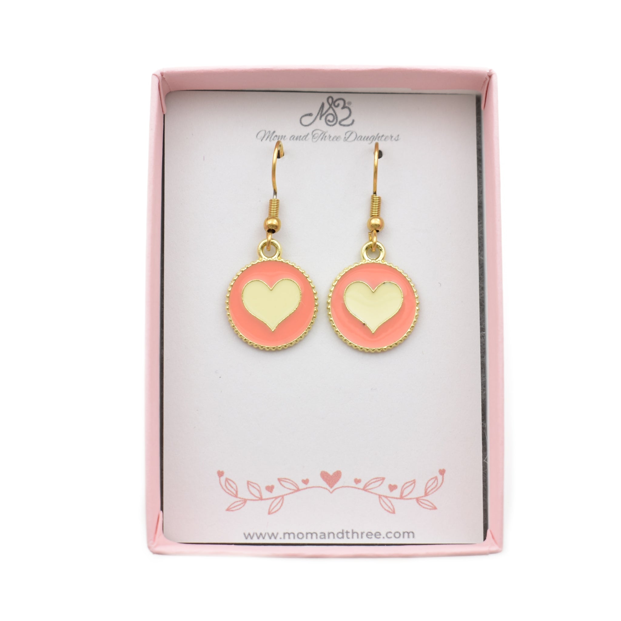 Pink and Beige Enamel Love Heart Charm Earrings. Valentine's Day Gifts.