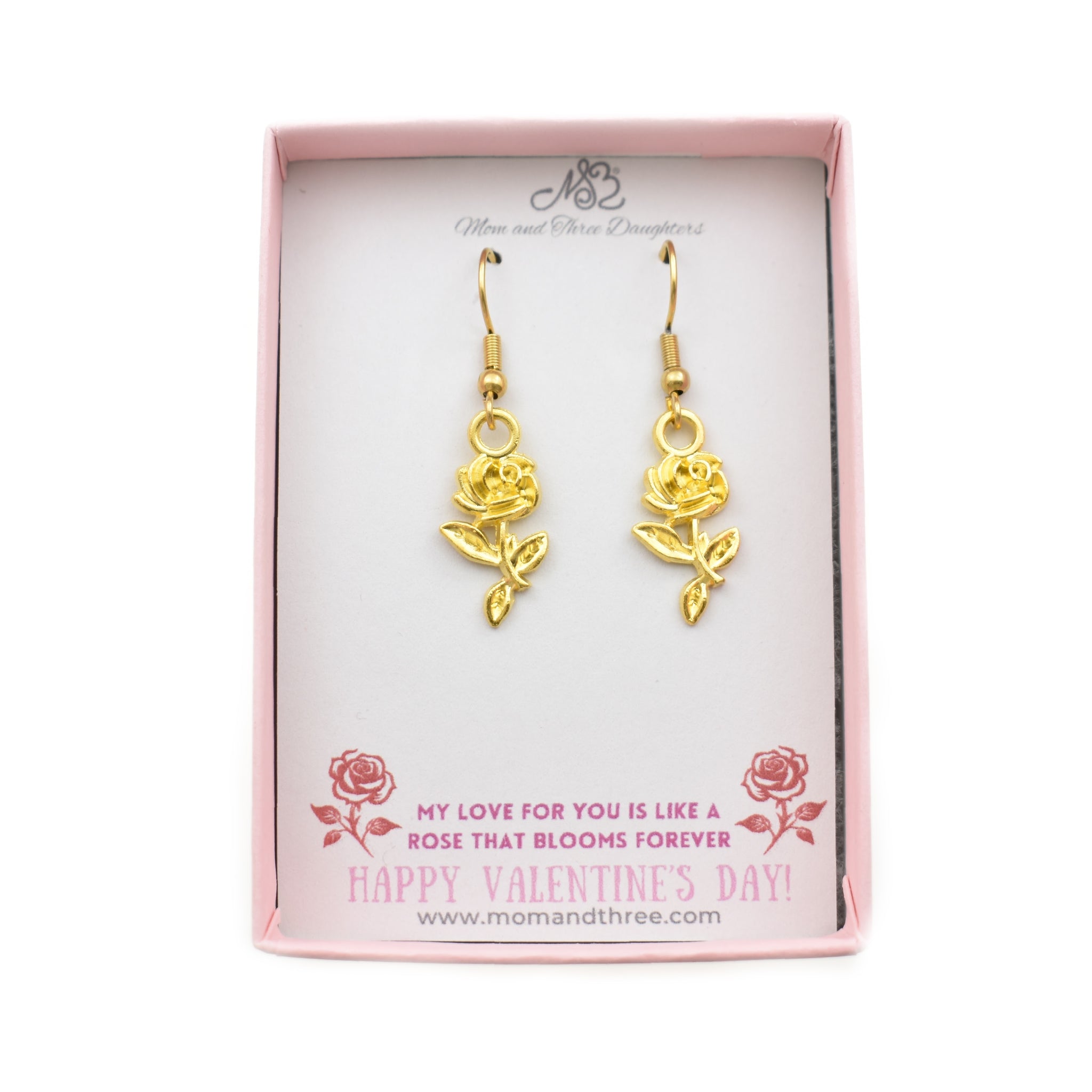 Gold Rose Charm Earrings. Valentines Day Gifts.