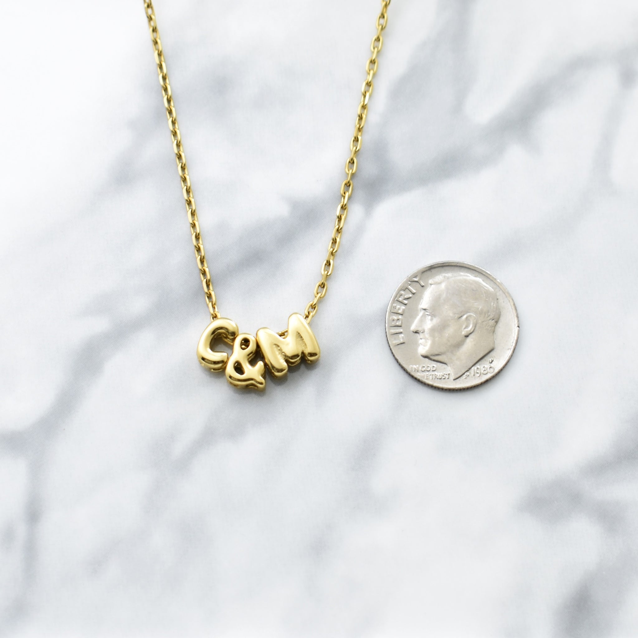 Bubble Letter Necklace In Gold or Silver on a Stainless Steel Cable Chain. Personalized Initial Necklace.