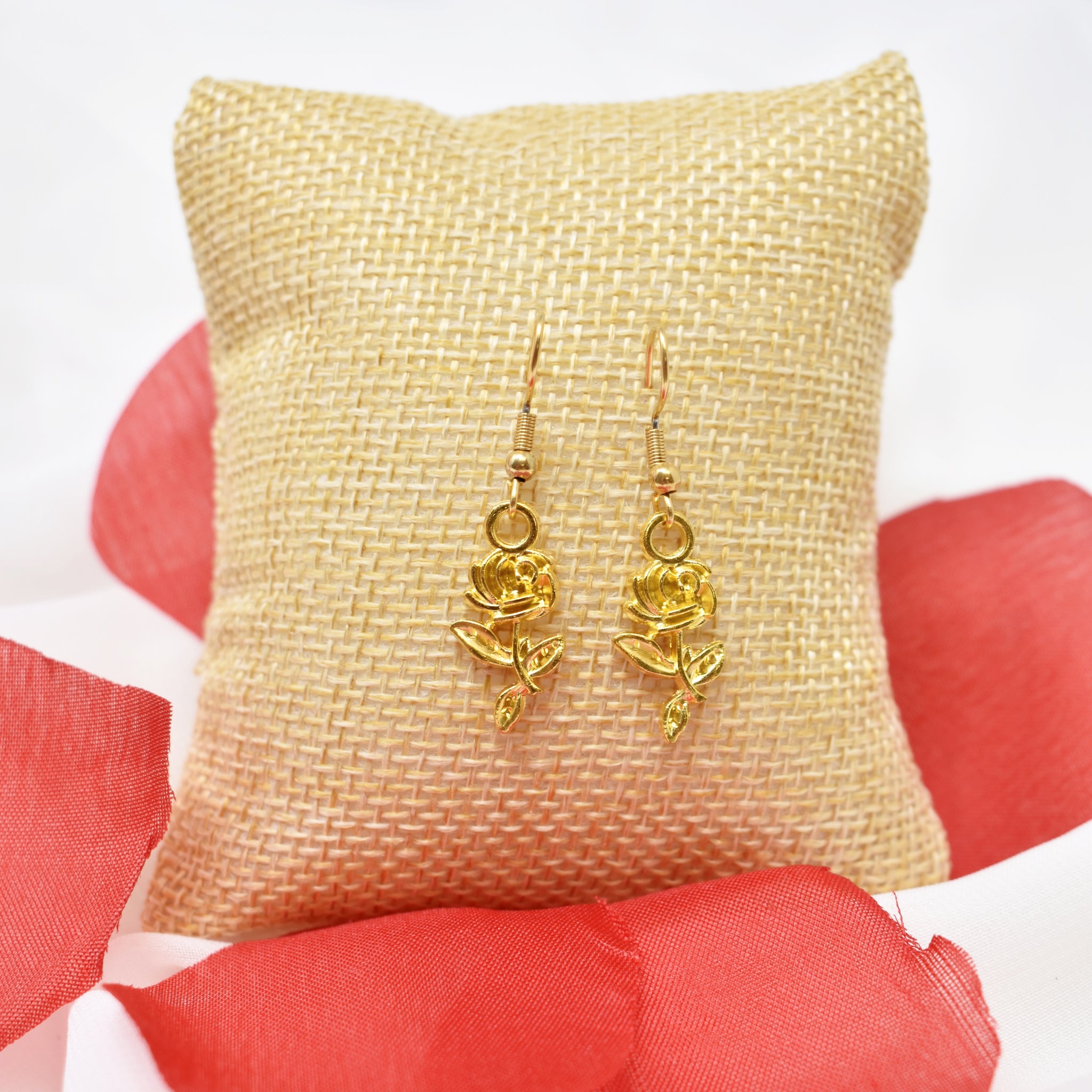 Gold Rose Charm Earrings. Valentines Day Gifts.