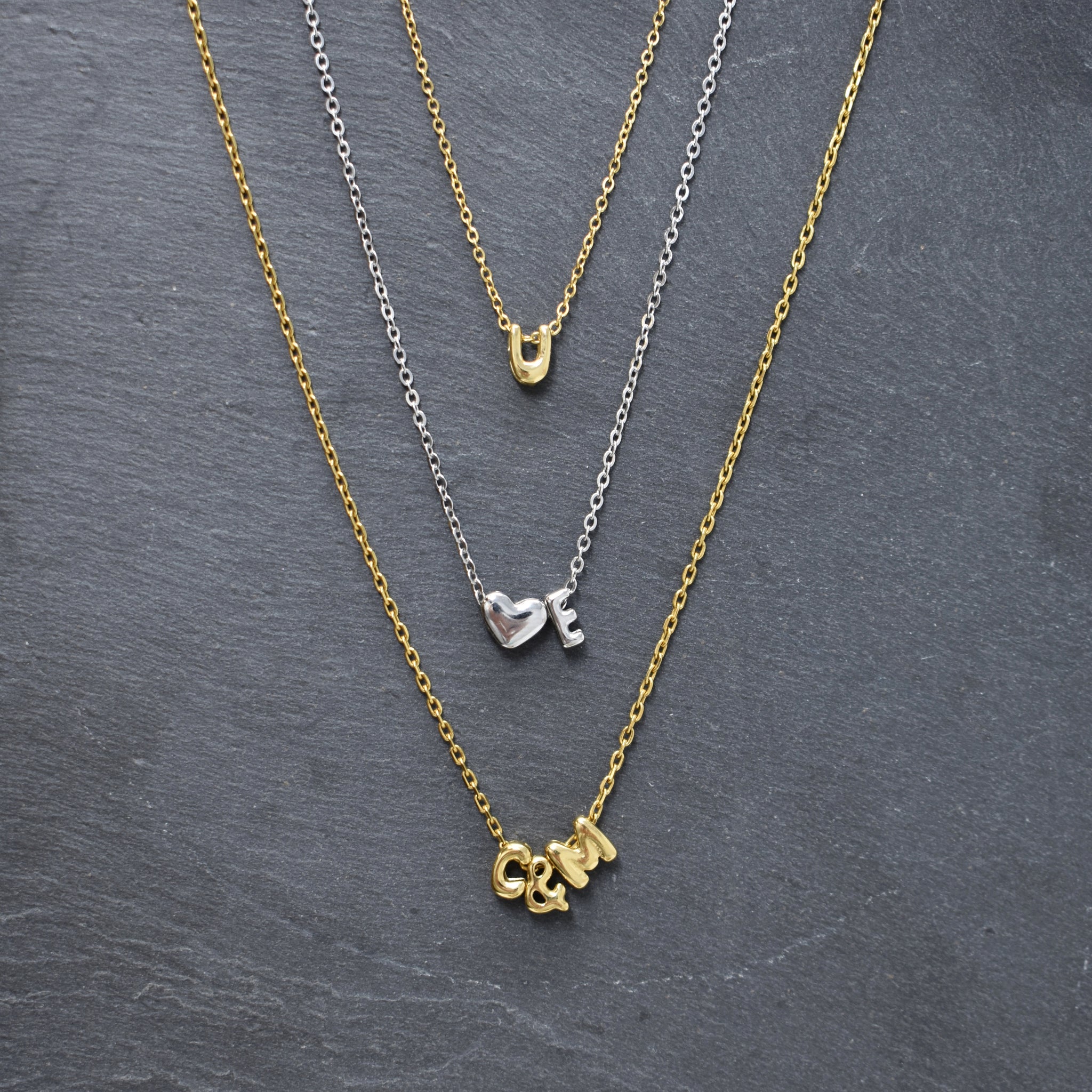 Bubble Letter Necklace In Gold or Silver on a Stainless Steel Cable Chain. Personalized Initial Necklace.