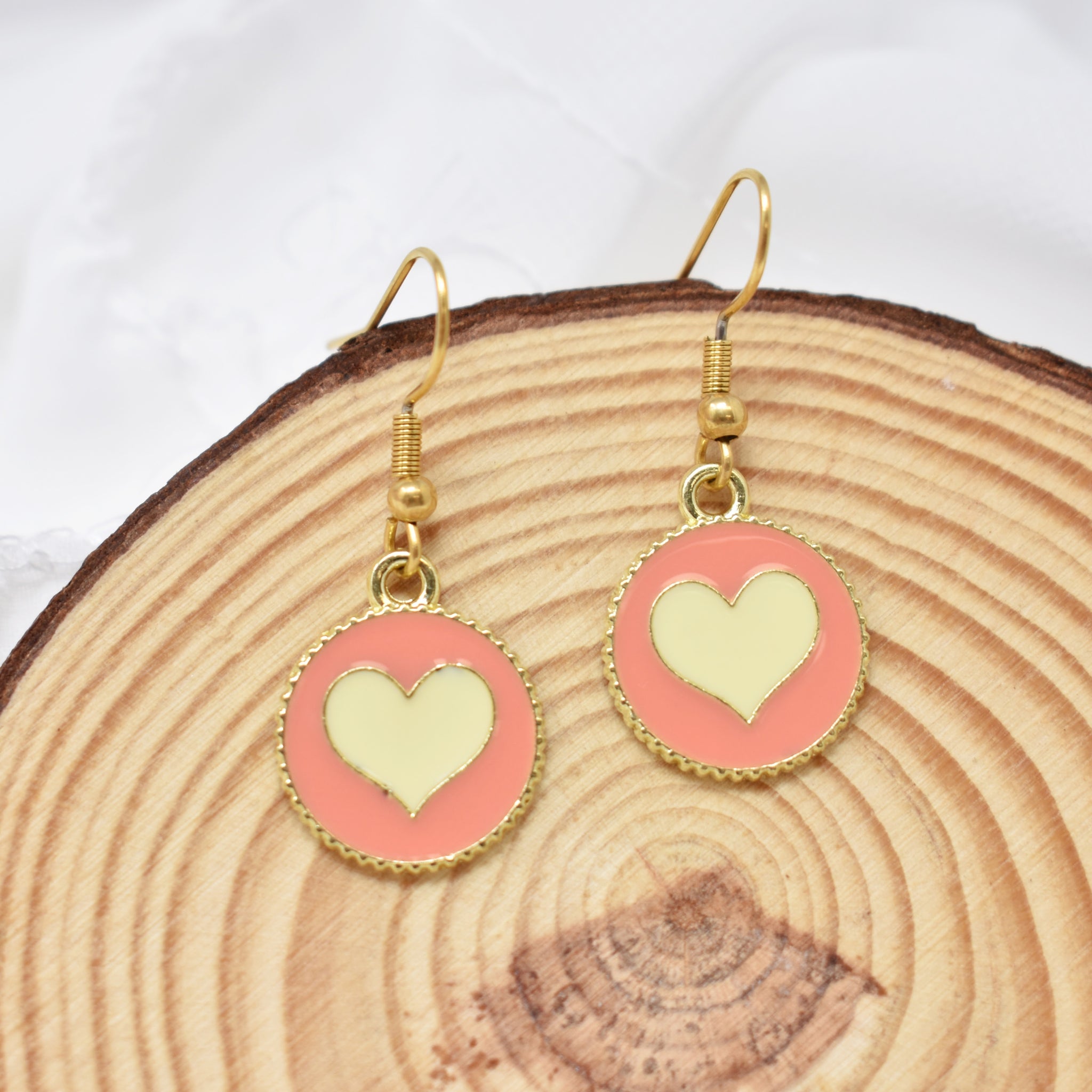 Pink and Beige Enamel Love Heart Charm Earrings. Valentine's Day Gifts.