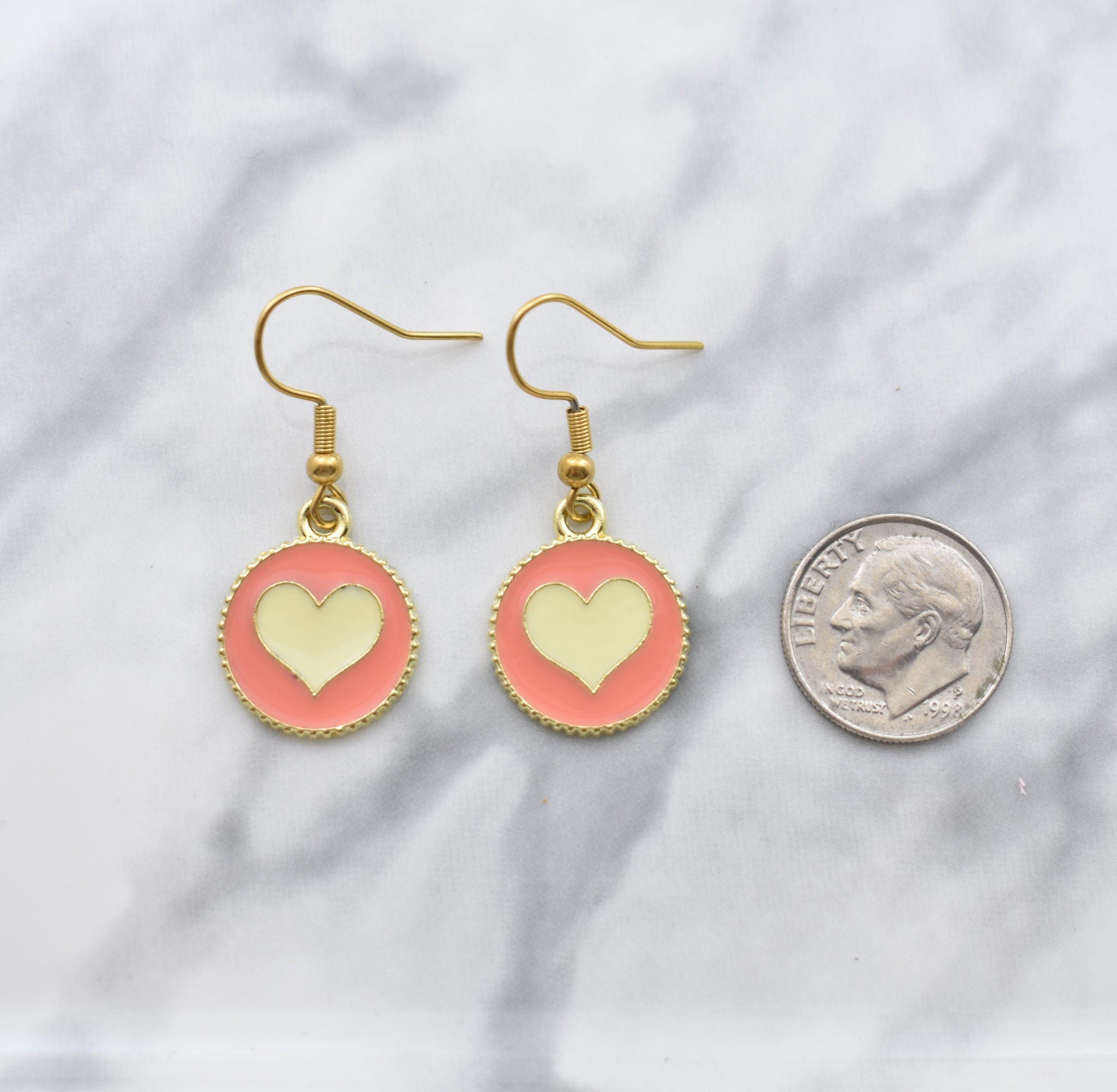 Pink and Beige Enamel Love Heart Charm Earrings. Valentine's Day Gifts.