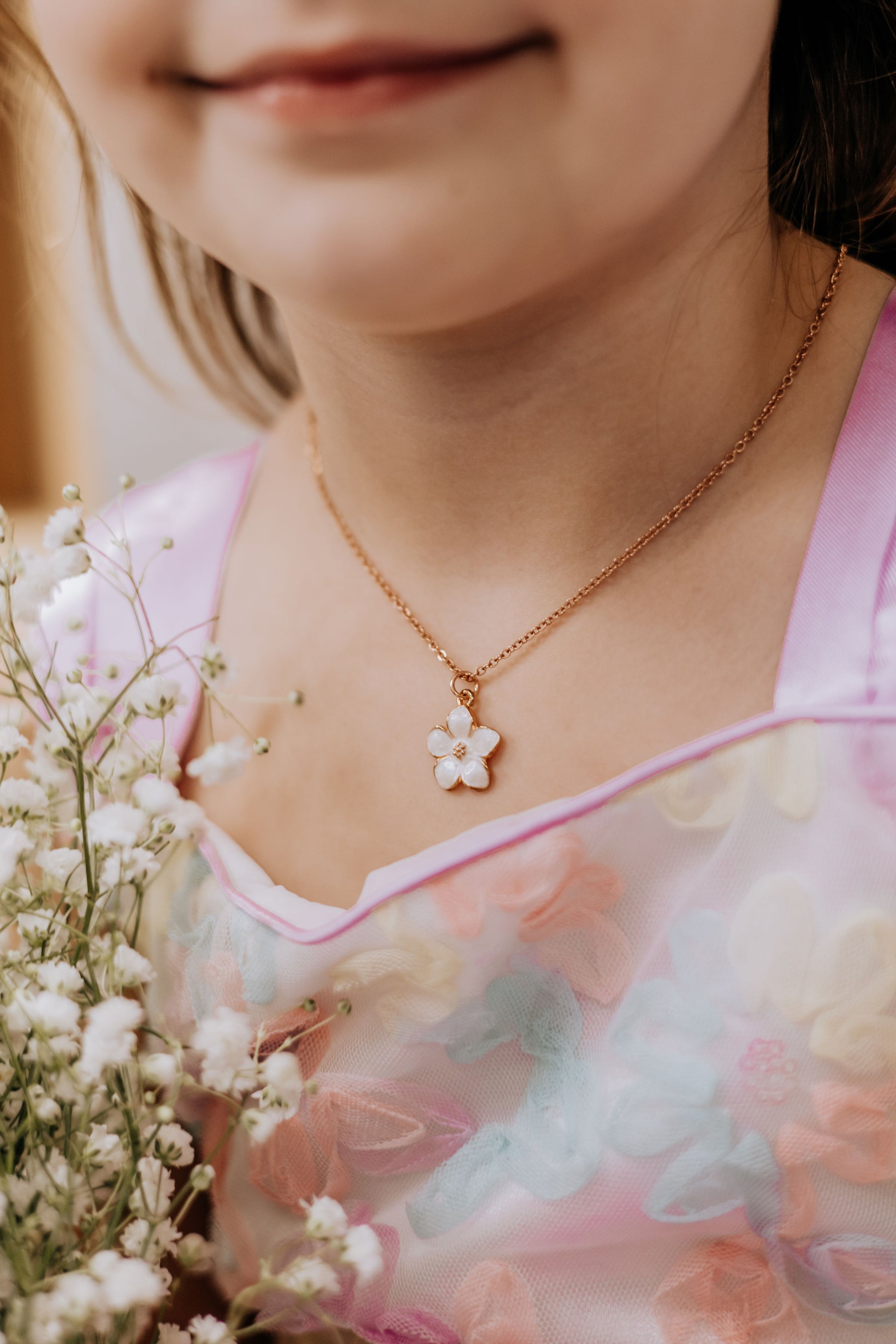 Flower Girl Necklace in Rose Gold Toned Stainless Steel and Enamel