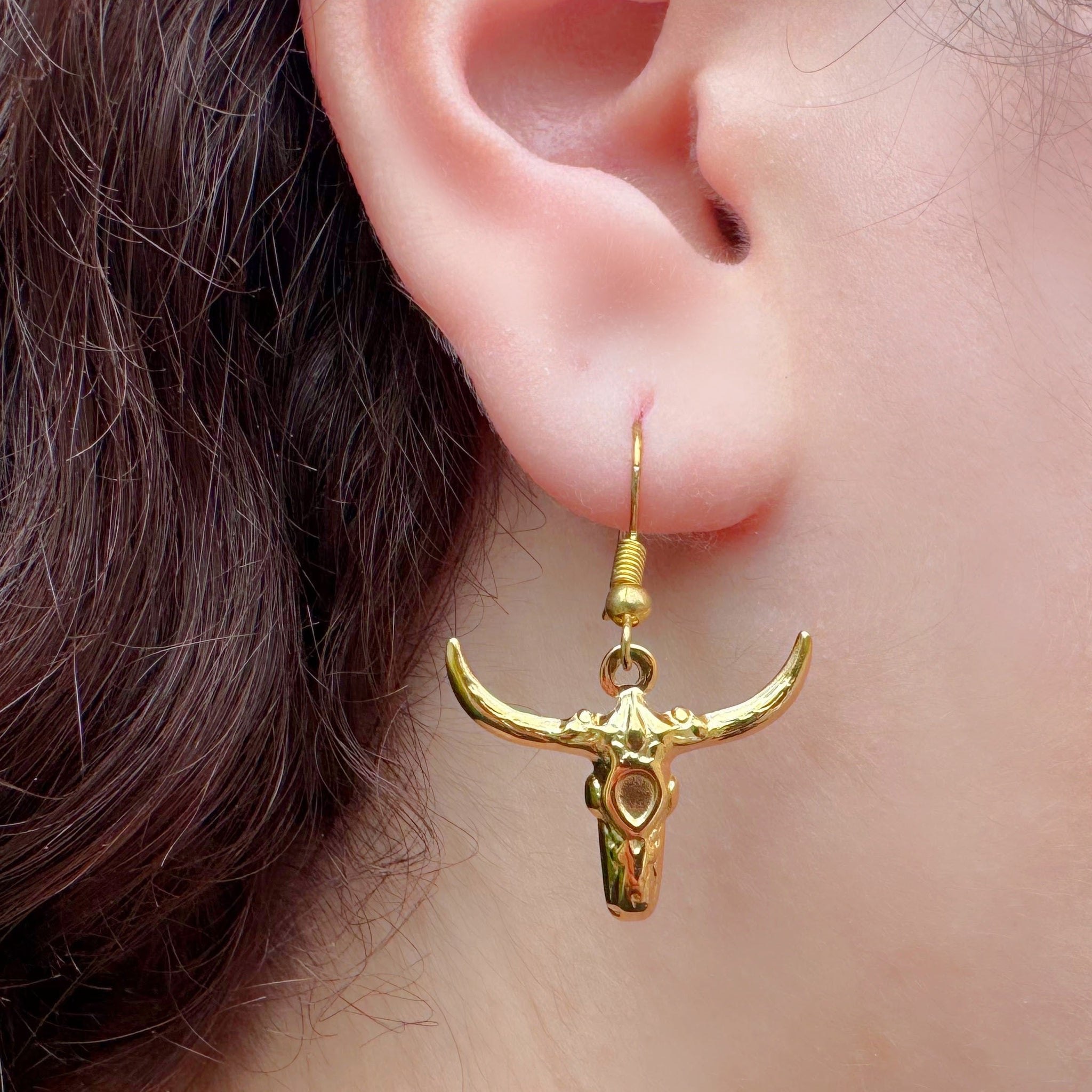 Gold Western Earring Sets in Gold Plated Zinc Alloy Metals. Cowboy Boot Earrings. Cactus and Bull Head Earrings. Enamel Sun Earrings.