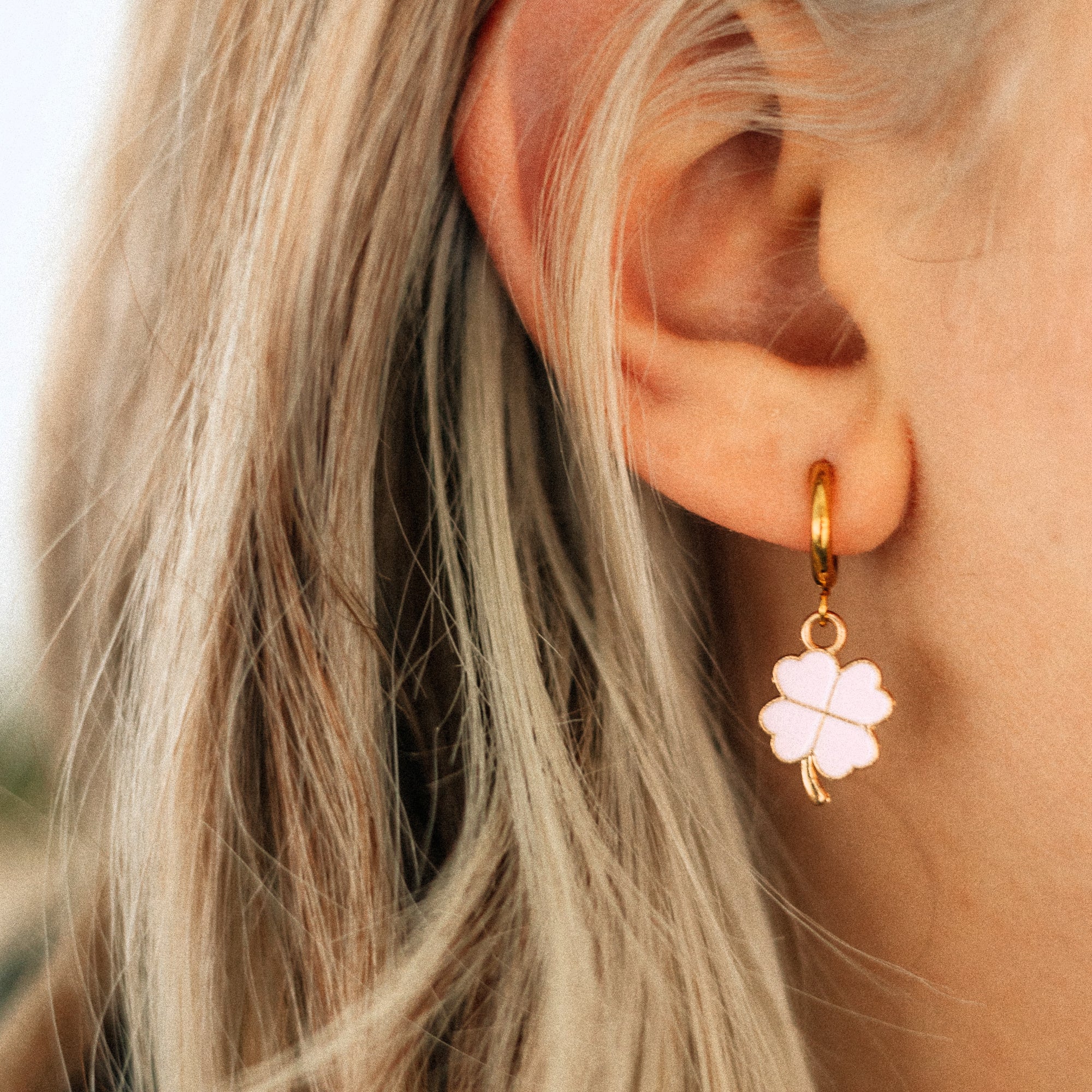 Blue or Pink Enamel Four Leaf Clovers suspended from Hoop Huggies. St. Patrick's Day Gifts. Lucky Gift. Clover Earrings. Shamrock Earrings.