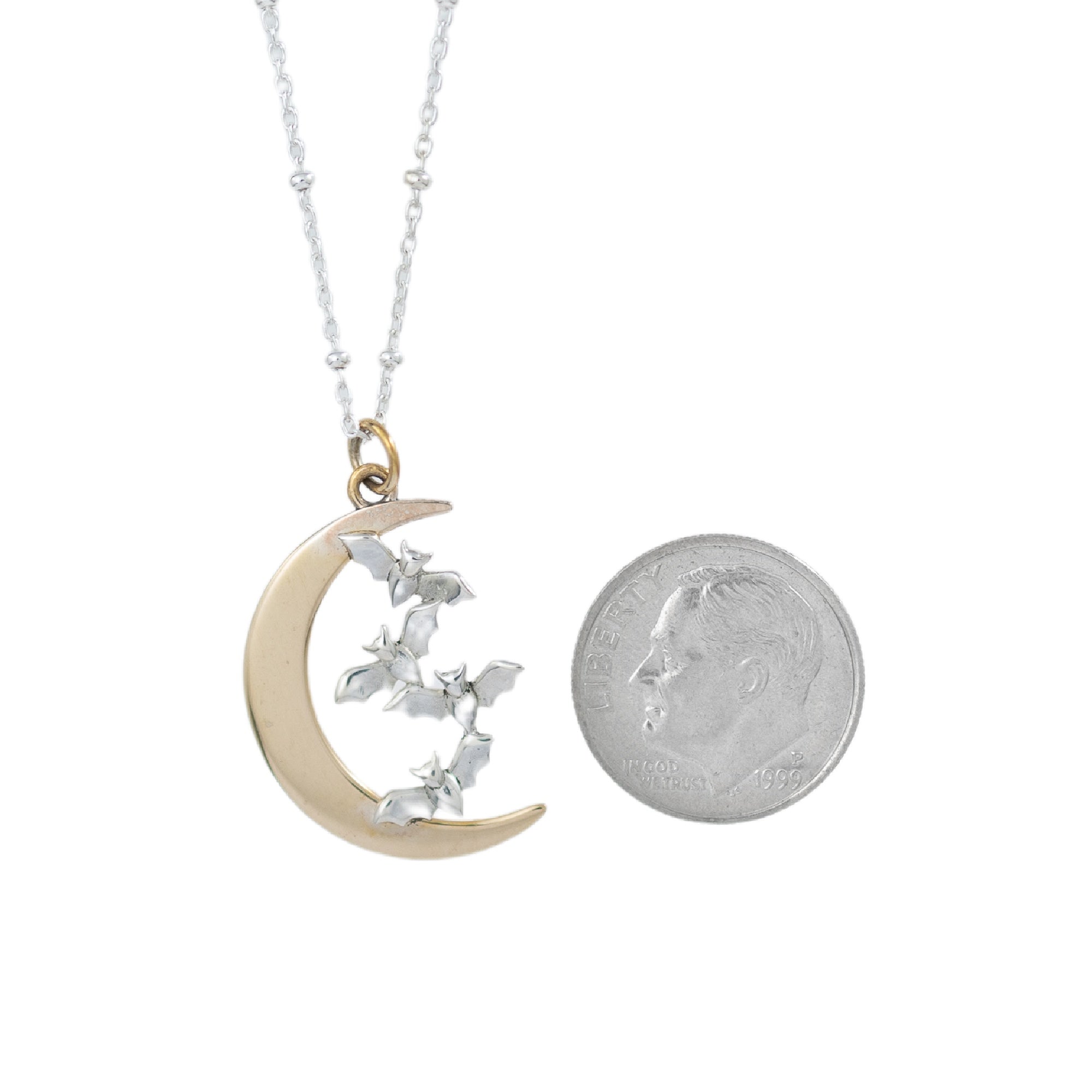 Bronze Crescent Moon Necklace in Sterling Silver accented by Silver Bats. Halloween Jewelry. Halloween Necklace.