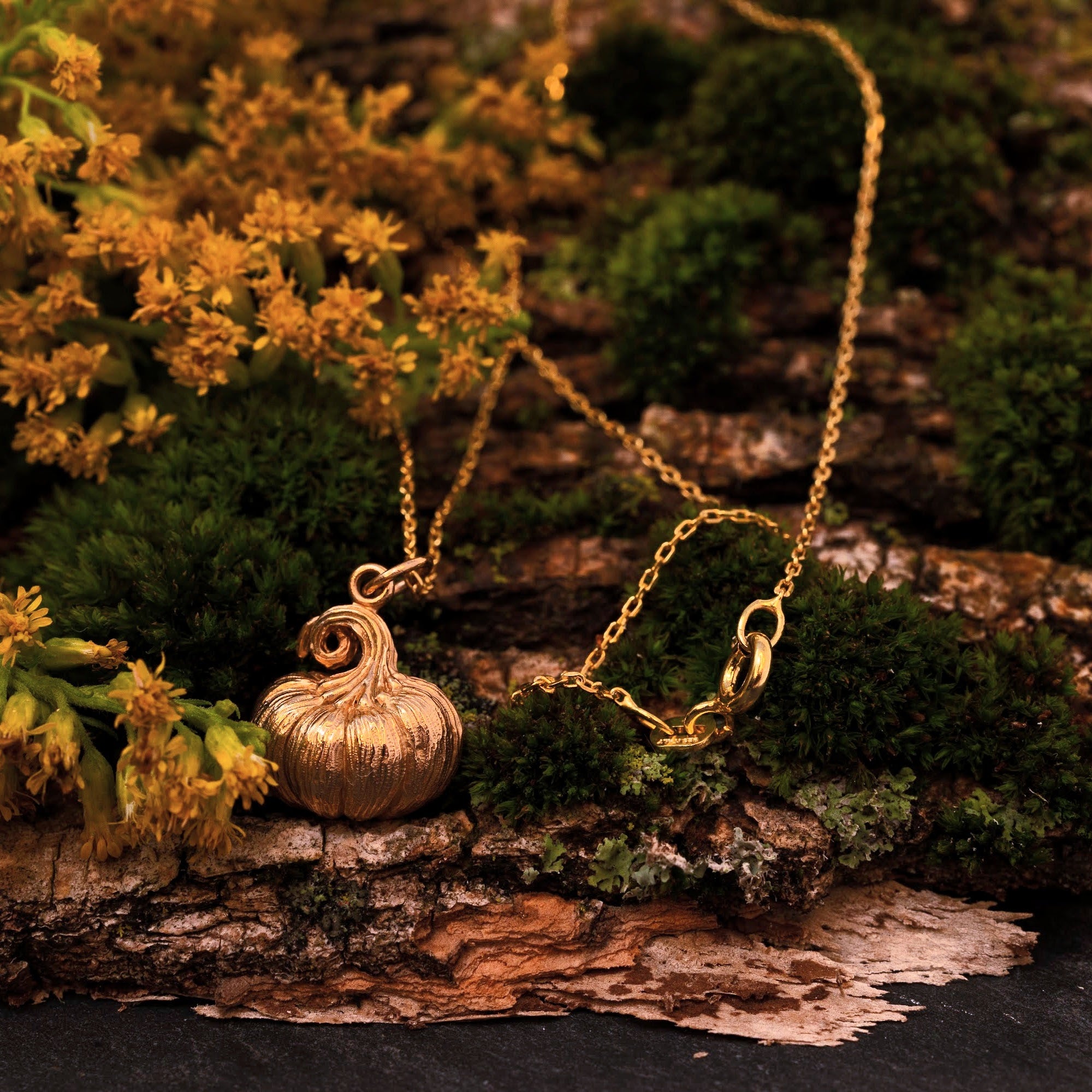Bronze Dimensional Pumpkin Necklace on a Gold Filled Cable Chain.